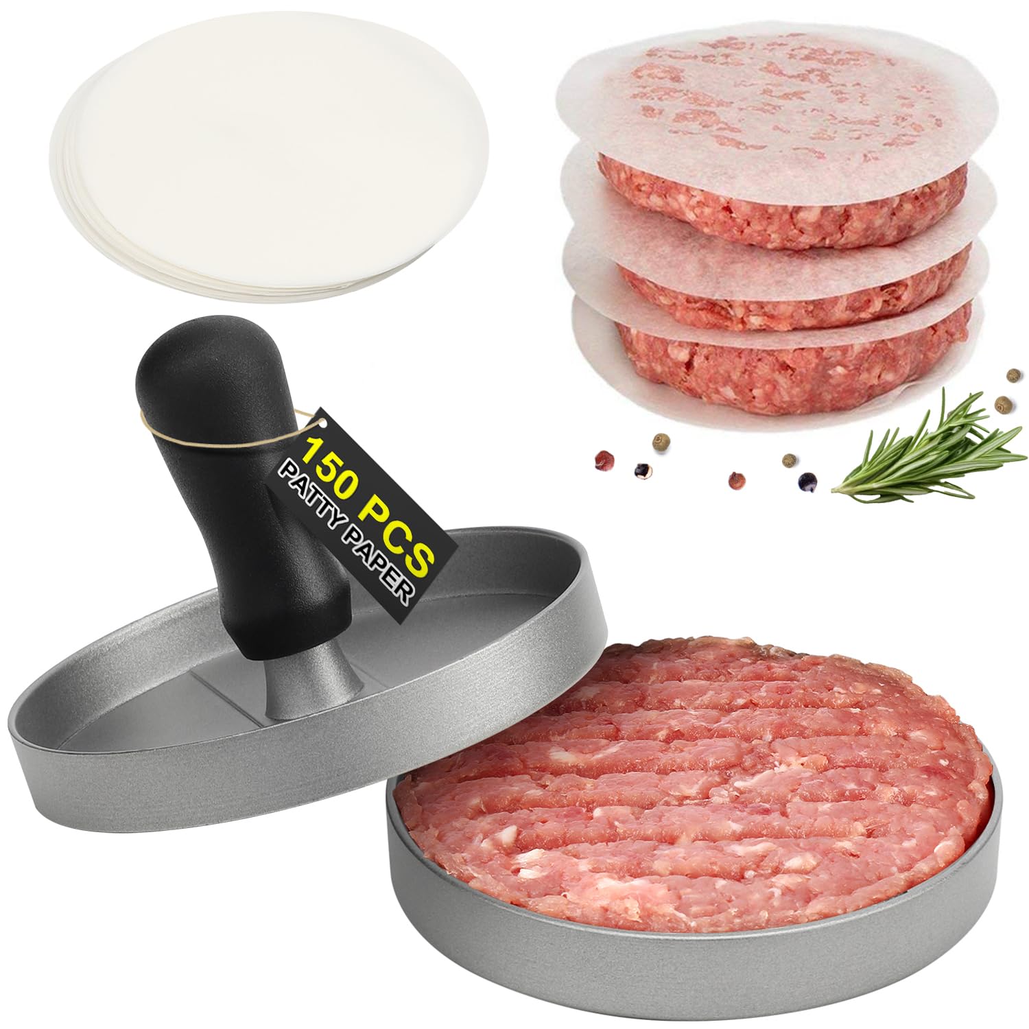 TACGEA Non-Stick Hamburger Patty Maker - Includes 150 Wax Patty Papers - Aluminum Burger Press for BBQ, Grilling & Kitchen Use - Perfect for Backyard Cookouts, Camping & Home Cooking