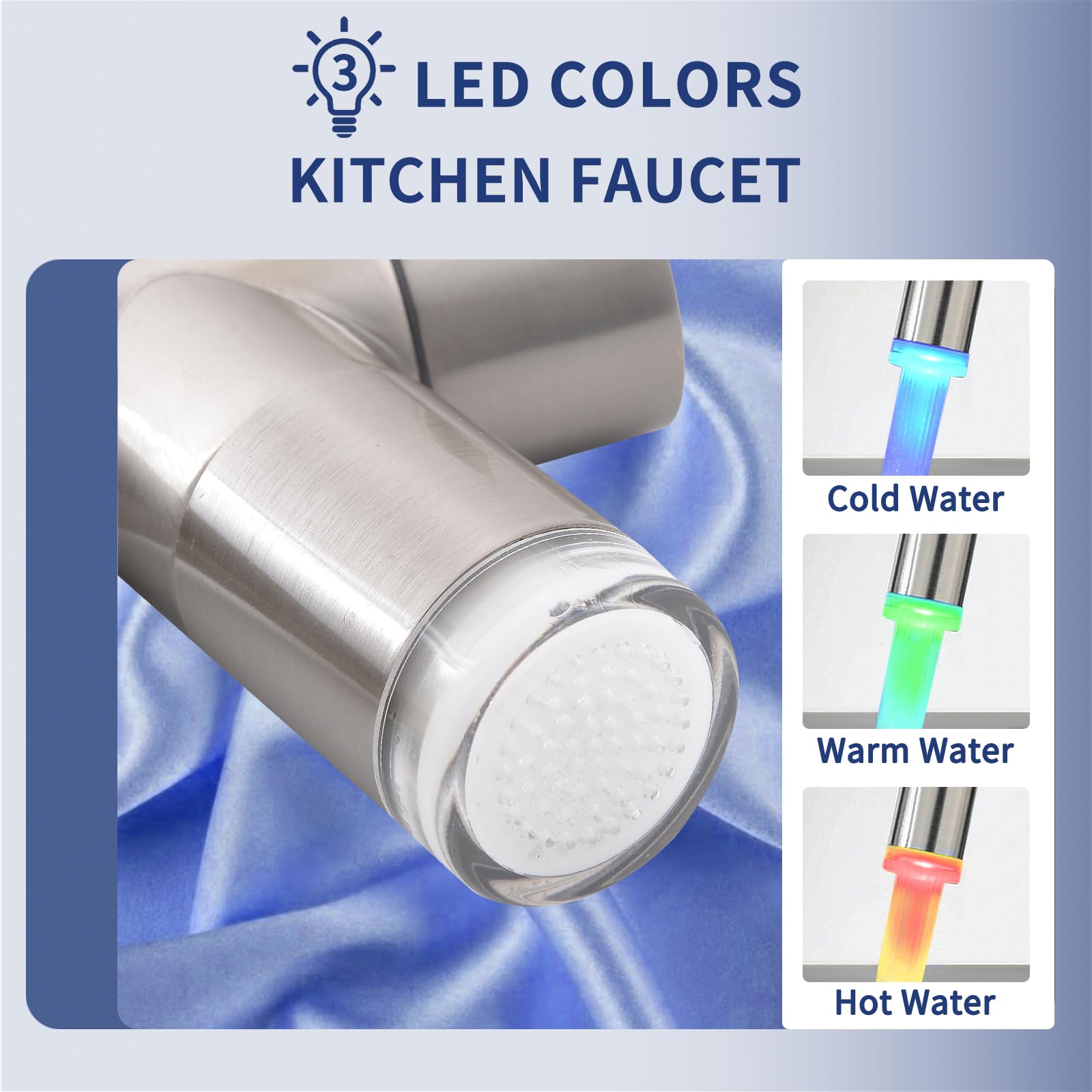 Fapully Commercial Single Handle Kitchen Faucet with Pull Down Sprayer & LED Light - Brushed Nickel Finish for Modern Kitchens and Restaurants