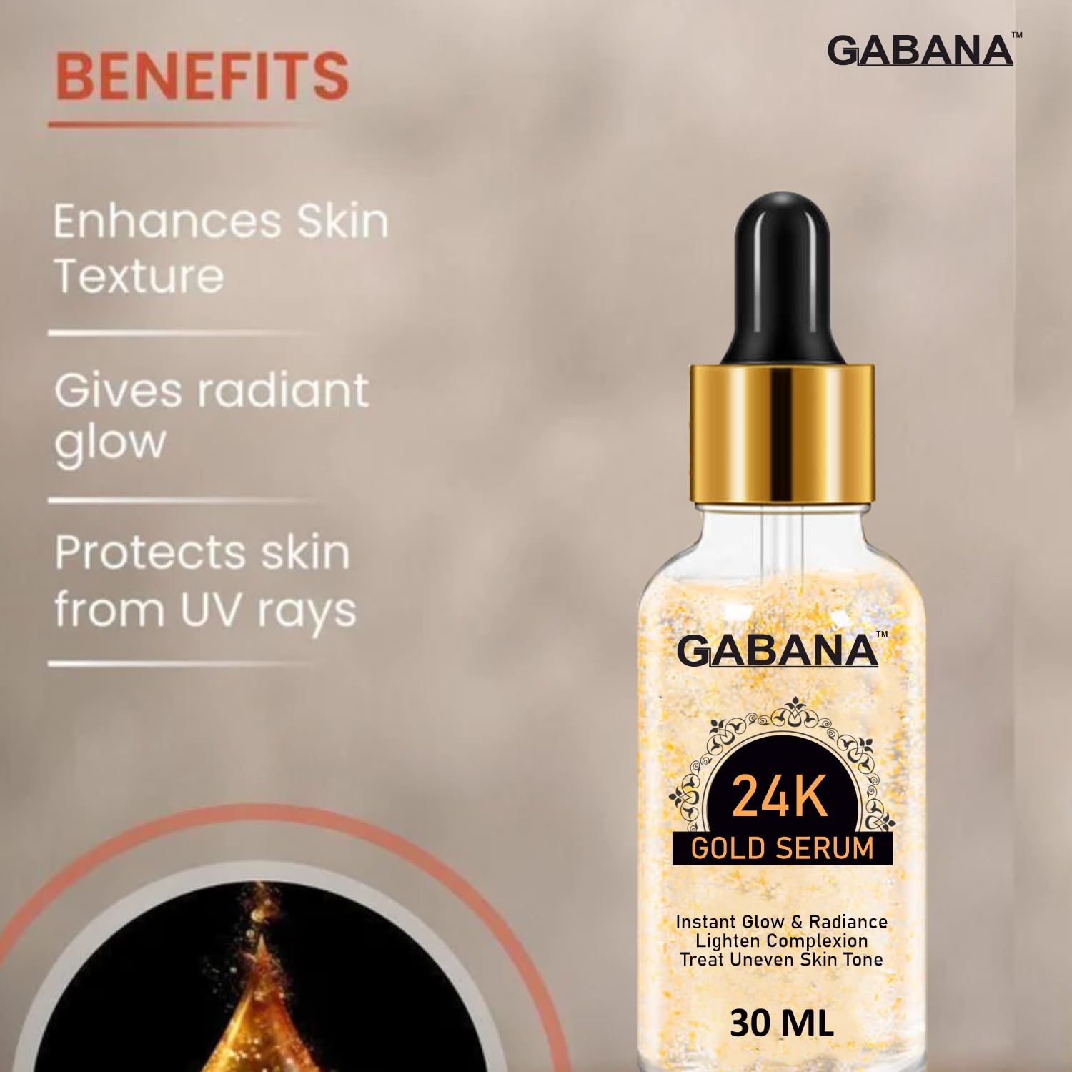 GABANA 24K Gold Facial Serum for Men & Women - 30ml Anti-Aging, Brightening & Acne Treatment - Reduces Dark Spots & Uneven Skin Tone for Instant Glow | Perfect for Daily Skincare Routine & Nighttime Use
