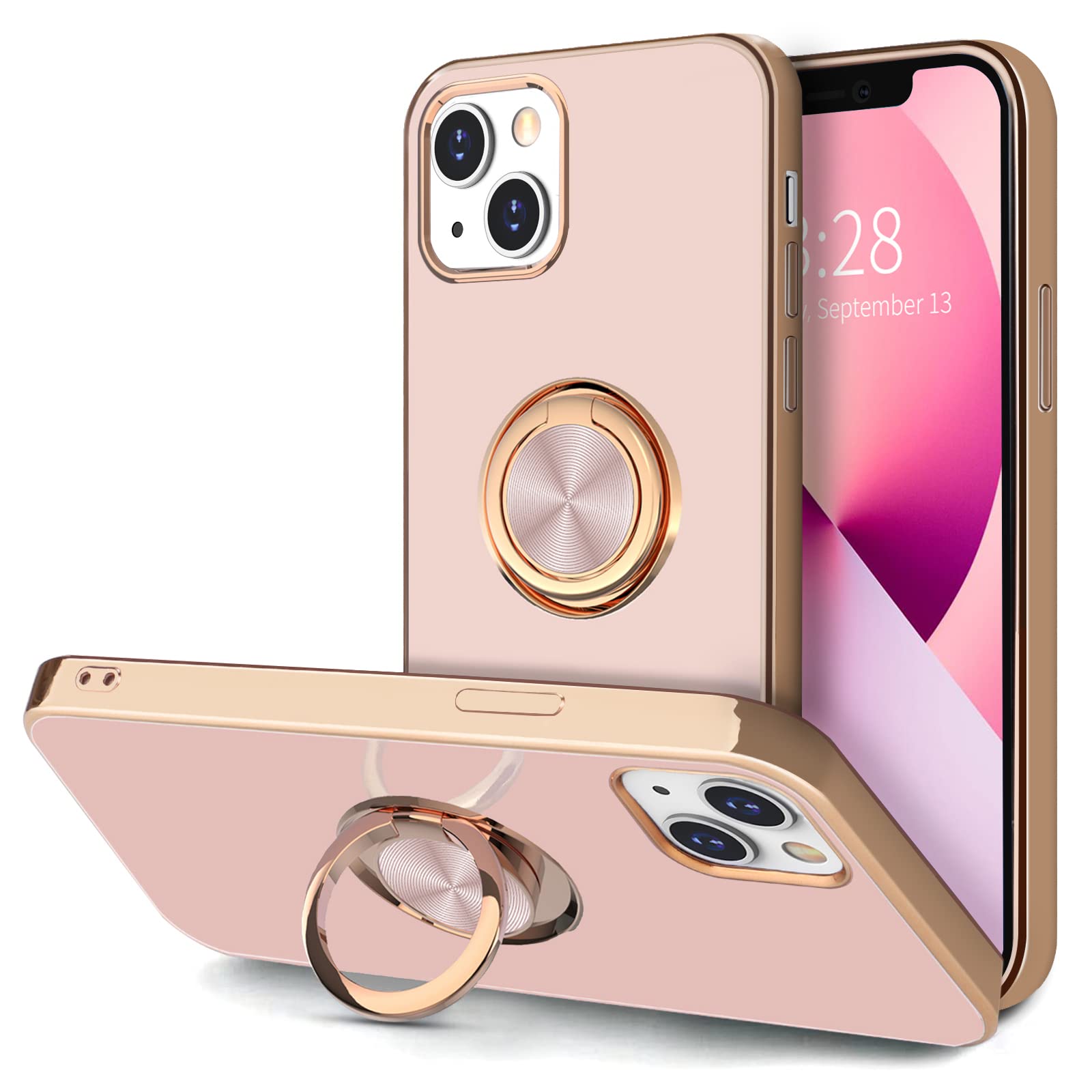 Hython Magnetic Phone Case for iPhone 13 - 360° Rotatable Ring Stand with Kickstand, Rose Gold Plated Slim TPU Cover (Pink) | Car Mount Compatible, Luxury Protection for Everyday Use & Travel