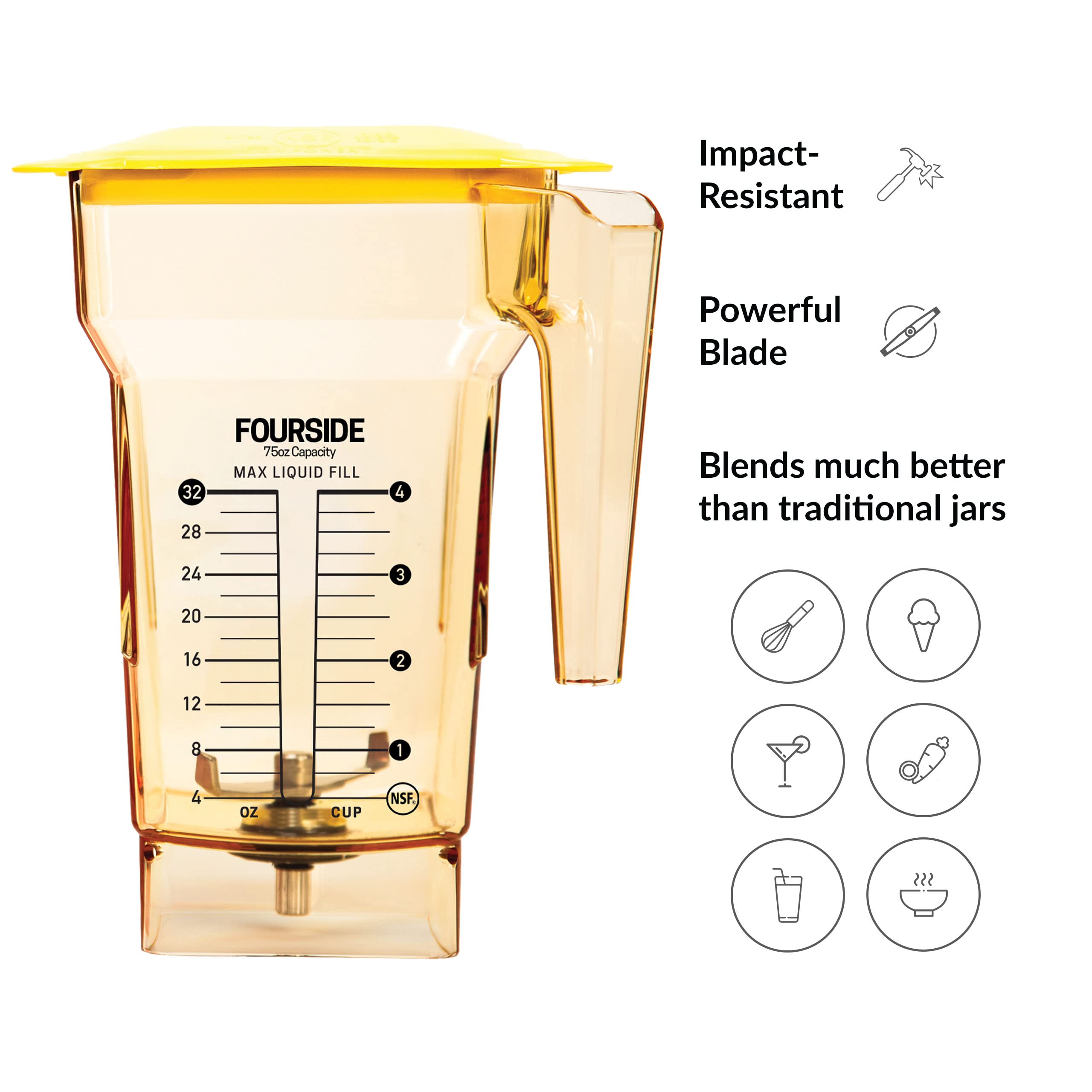 Blendtec 75 oz FourSide Commercial Blender Jar - 4-Sided Replacement Pitcher for Most Blendtec Blenders - 32 oz Blending Capacity - Yellow - Perfect for Smoothies, Soups & Nut Butters in Restaurants & Homes