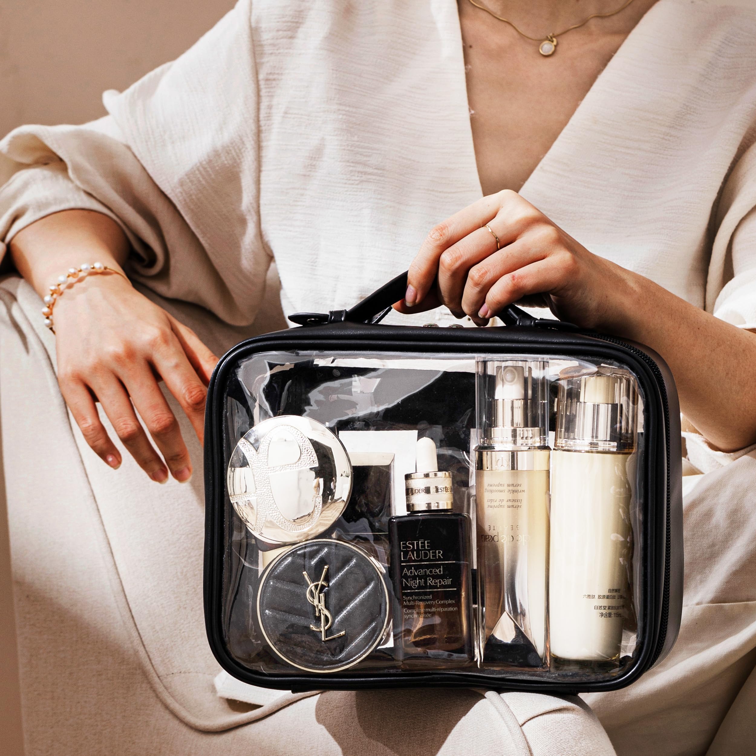 HBselect TSA Approved Clear Travel Toiletry Bag for Women - Large Black Waterproof Makeup Organizer Cosmetic Bag for Airplane Carry-on, Gym, Vacation & Business Trips