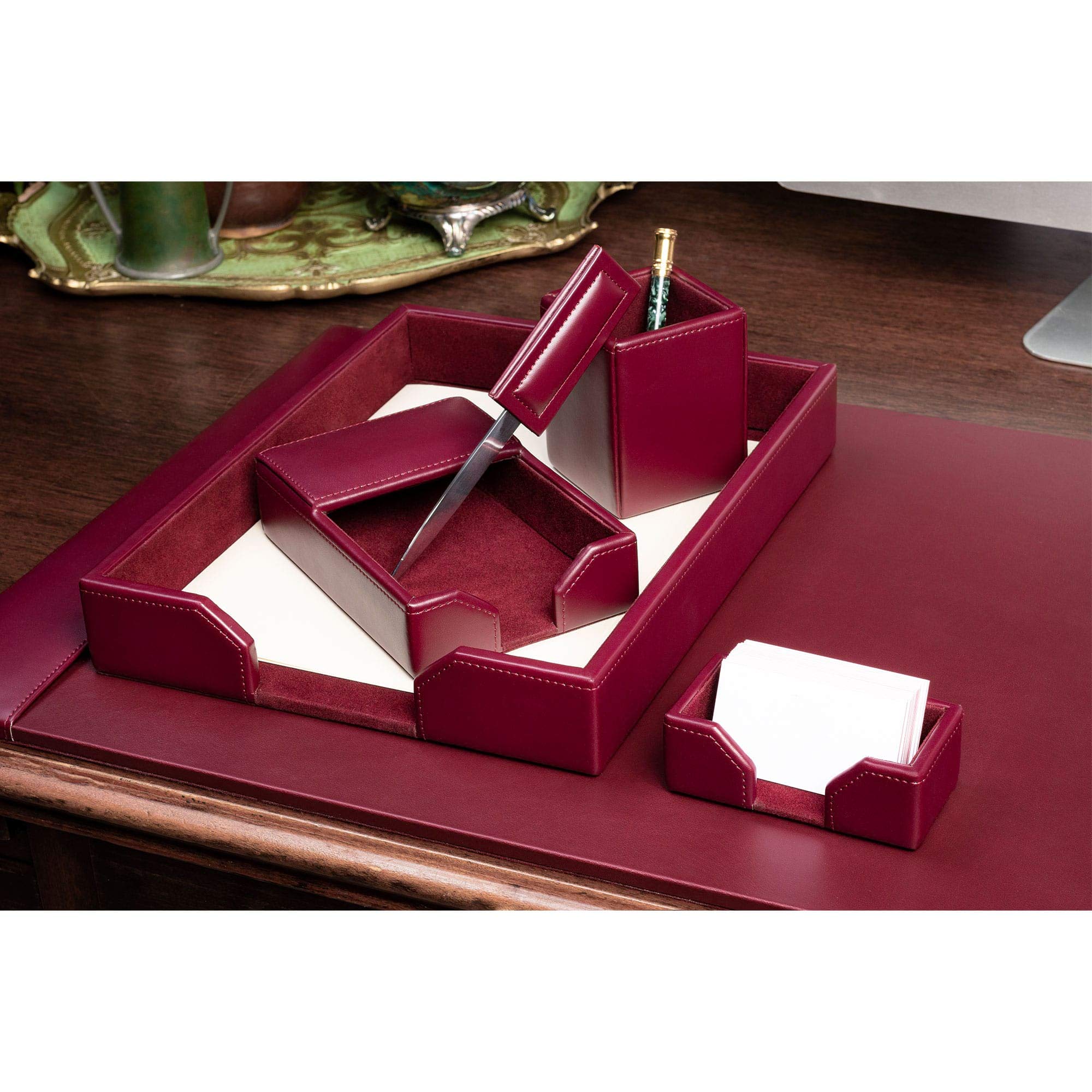 Premium DACASSO Bonded Leather Desk Set - Luxurious Leather Desk Pad & Office Organization Essentials (Burgundy, 6-Piece) for Executive Home Office & Professional Workspace
