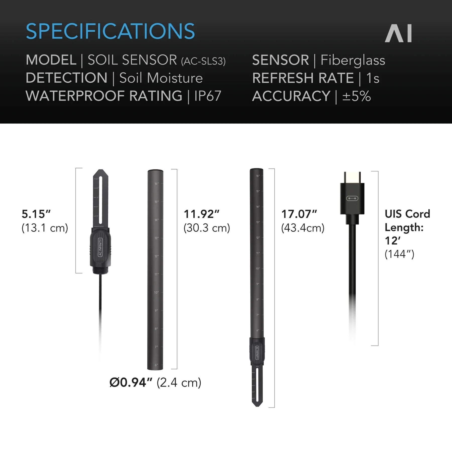AC Infinity Soil Moisture Sensor for Smart Garden Controller AI+ | Monitor Plant Health for Indoor & Outdoor Gardening