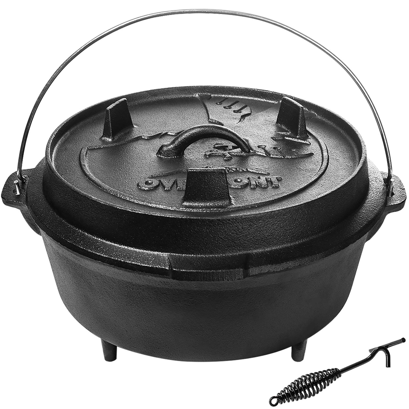 Overmont 9QT Pre-Seasoned Cast Iron Dutch Oven with Lid - Camping, BBQ & Baking Essential - Multi-Functional Skillet & Casserole Pot - Includes Lid Lifter - Perfect for Outdoor Cooking, Backpacking & Family Gatherings