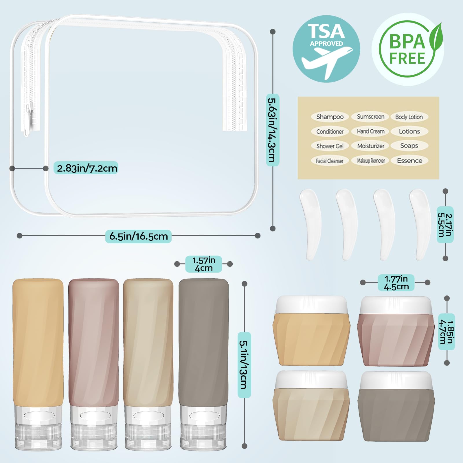 14-Pack TSA Approved Leak-Proof Travel Bottles for Toiletries - Premium Silicone Refillable Squeeze Bottles & Cream Jars Set with Clear Bag (Apricot) - Perfect for Air Travel, Camping & Gym Essentials Organization