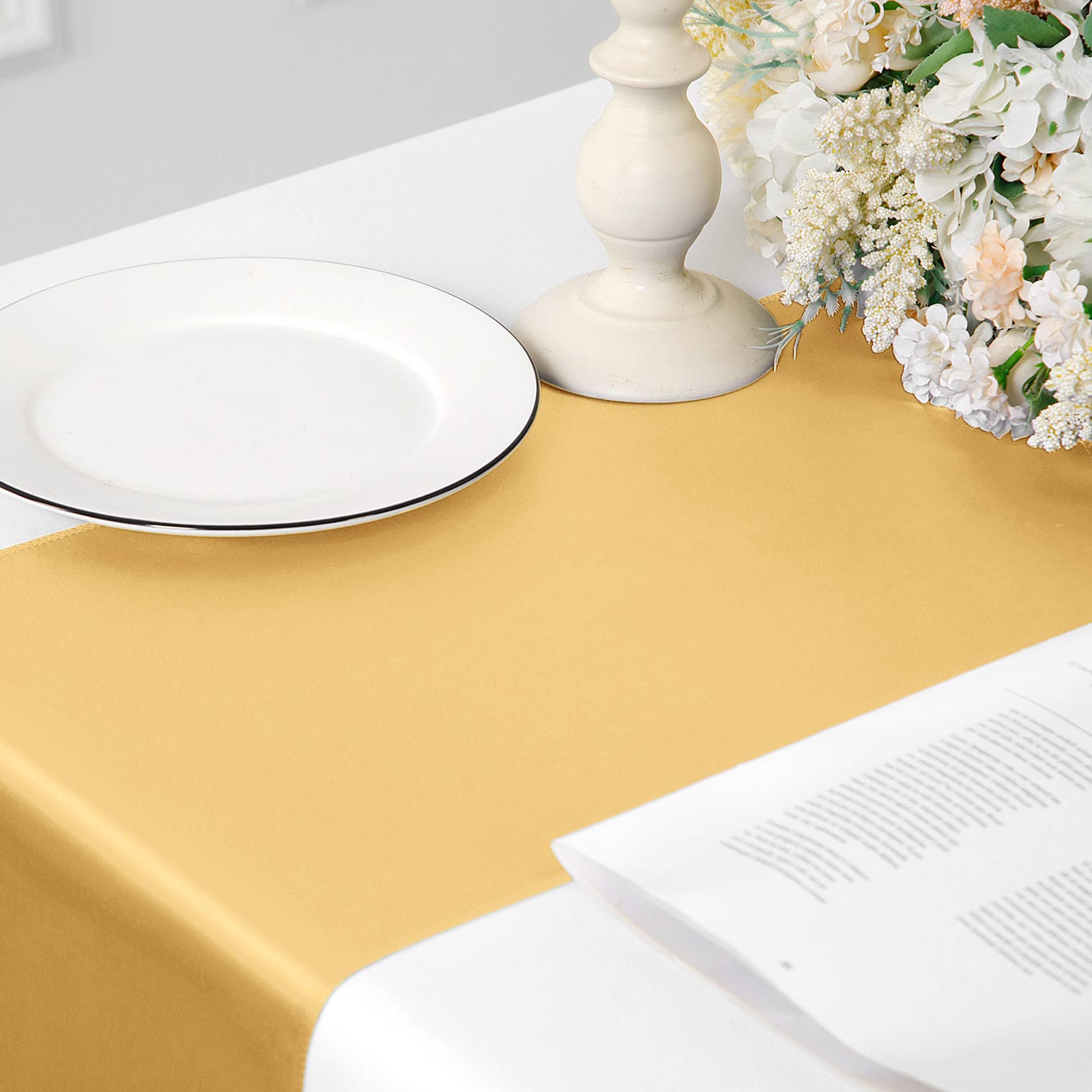 5-Pack Gold Satin Table Runners 12 x 108 Inch - Elegant Wedding Decor, Birthday Party Table Decorations, Premium Banquet & Graduation Tablecloth - Perfect for Weddings, Parties, Banquets, Engagements & Special Events