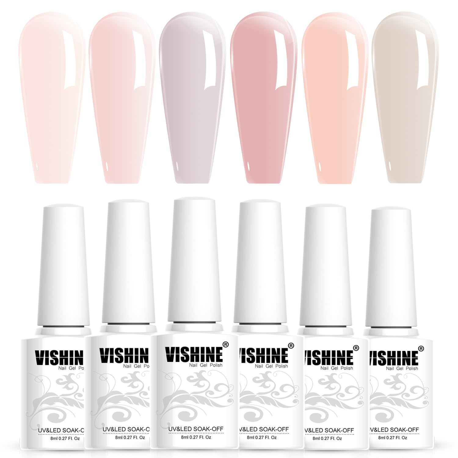 Vishine Jelly Nude Gel Nail Polish Set - 6 Colors Transparent Pink & Nude Skin Tones, UV LED Soak Off Gel Polish Kit for DIY Manicure, 8ml - Perfect for Home Nail Art & Salon Professional Use
