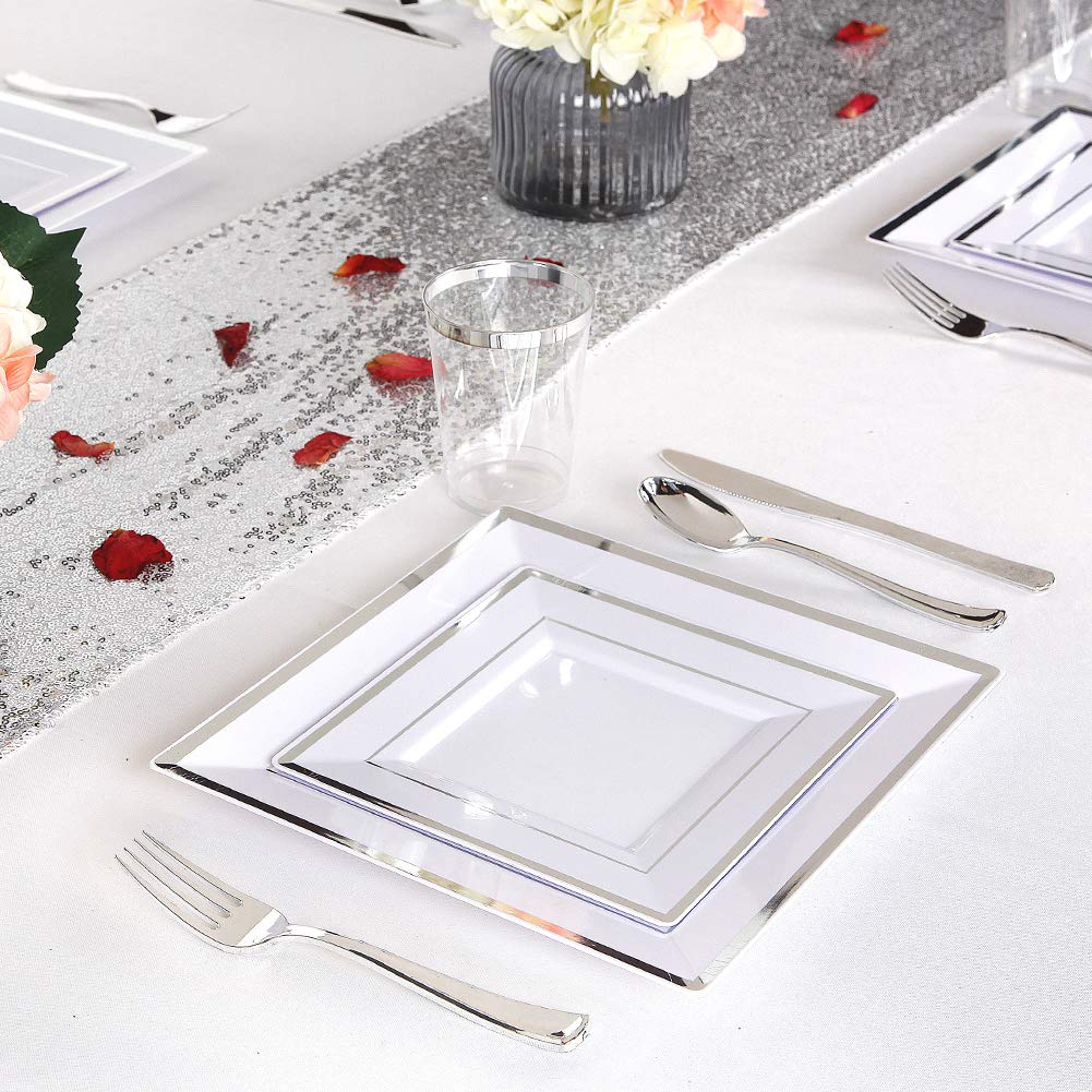 125-Piece Silver Plastic Dinnerware Set - Disposable Square Plates with Silver Rim & Cutlery (25 Dinner Plates, 25 Salad Plates, 25 Forks, 25 Knives, 25 Spoons) - Perfect for Parties, Weddings, and Catering Events