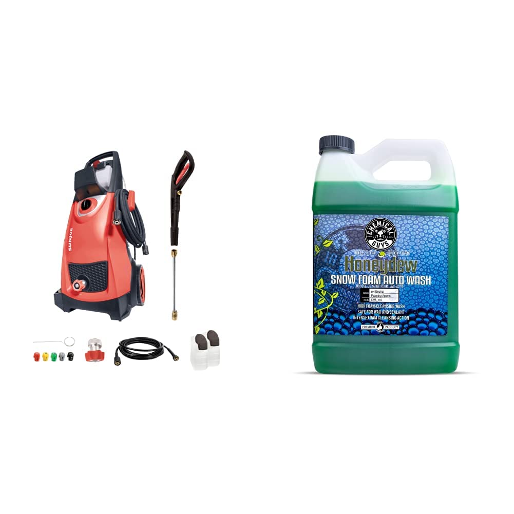 Sun Joe SPX3000-RED 2030 Max PSI 1.76 GPM 14.5-Amp Electric Pressure Washer (Red) & Chemical Guys CWS_110 Honeydew Snow Foam Car Wash Soap (1 Gallon, 128 oz) - Perfect for Home, Driveway, and Vehicle Cleaning