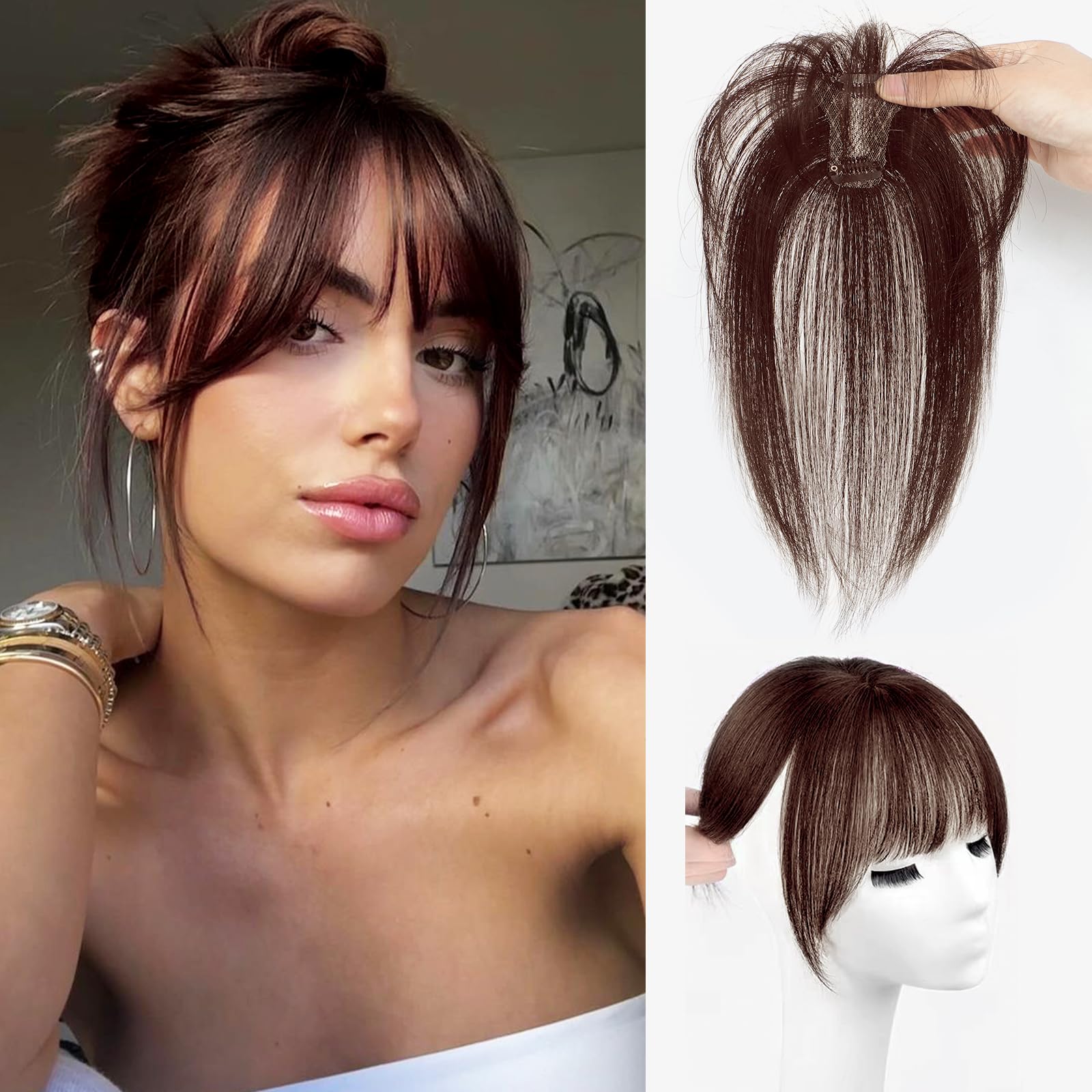 100% Real Human Hair Clip-in Bangs for Women - Dark Brown Wispy Fake Bangs Hair Topper with 360° Lace Coverage | Perfect for Daily Wear, Cosplay & Instant Hairstyle Transformation