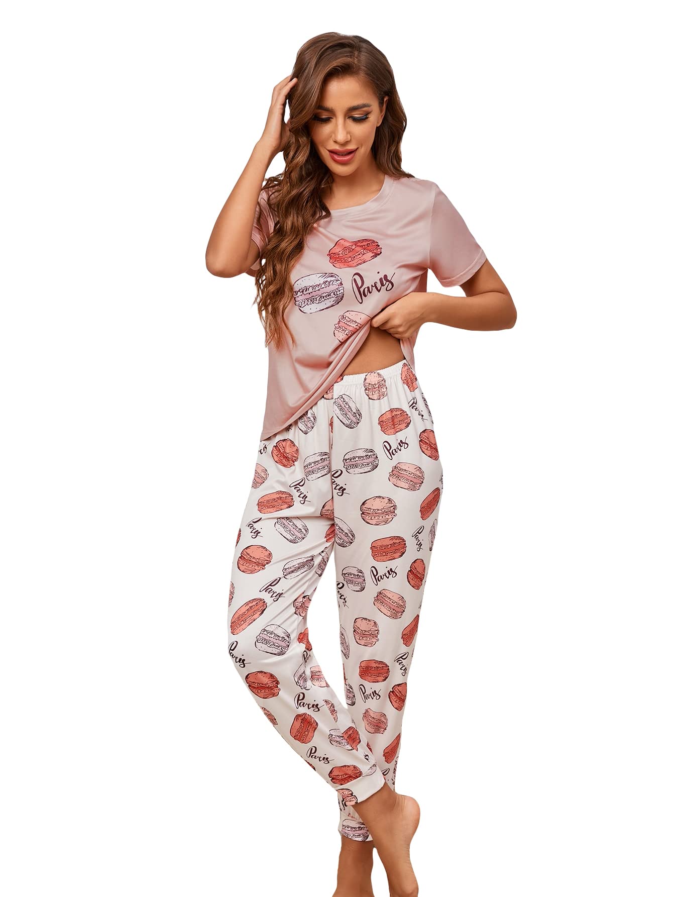 SheIn Women's Sleepwear Set - Soft Short Sleeve Tee & Floral Print Lounge Pants 2-Piece Pajama Set for Comfortable Nightwear & Relaxing at Home