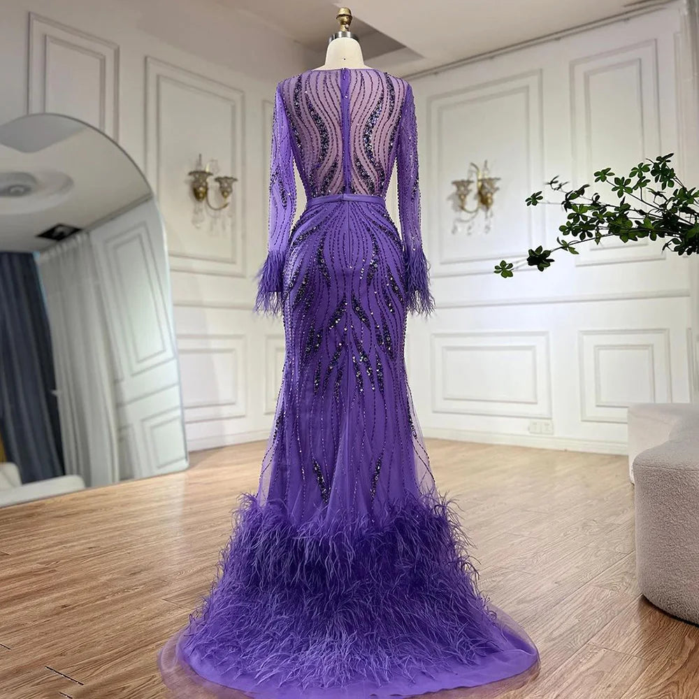 Elegant Mermaid Evening Dress with Beaded Feathers - Arabic Purple Luxury Gown for Women's Wedding, Prom, Gala & Special Occasions | LA72367