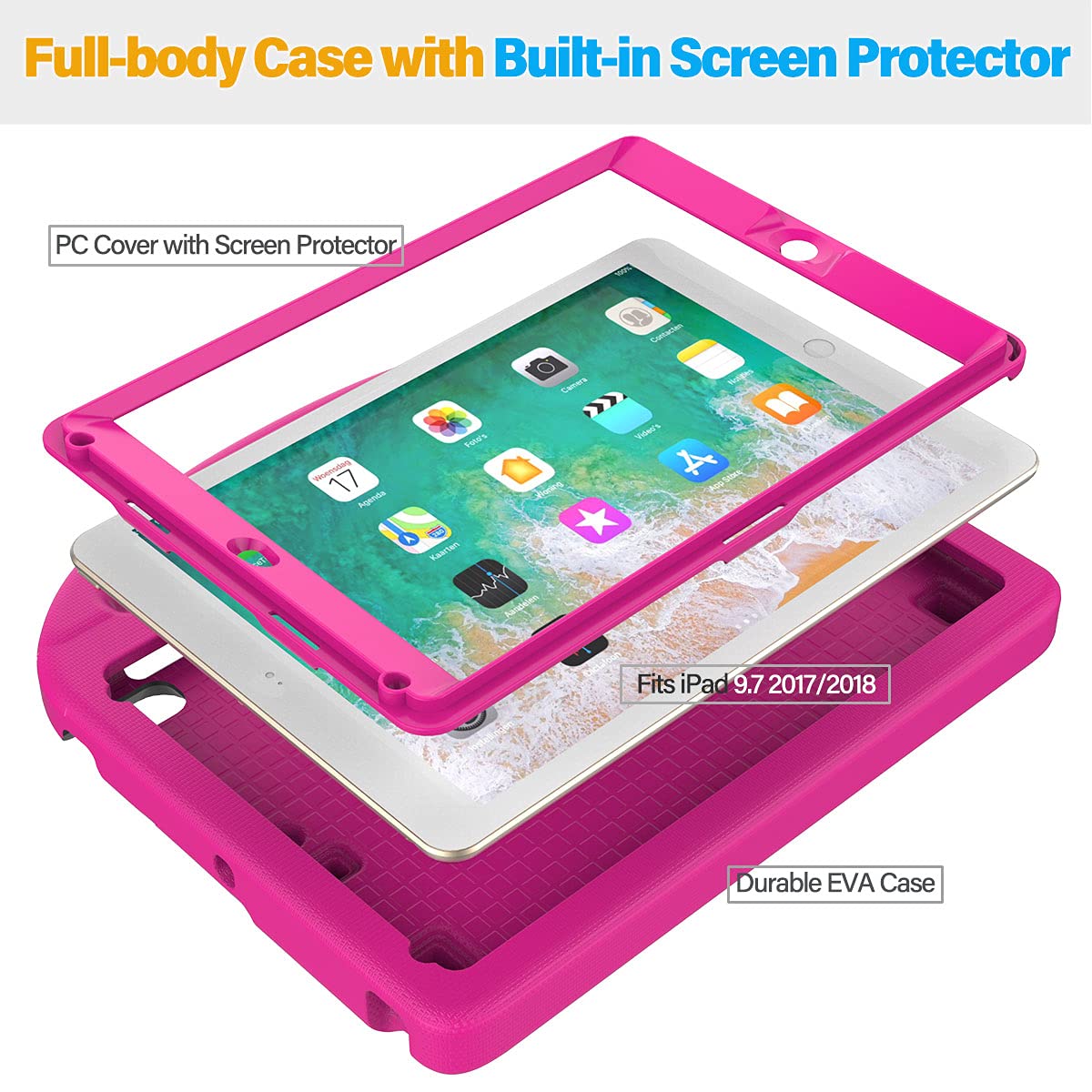 SUPLIK Kids Protective Case for iPad 5th/6th Generation (9.7 inch, 2017/2018), iPad Air 1/2 & iPad Pro 9.7 - Shockproof Cover with Built-in Screen Protector & Handle Stand - Perfect for School, Travel & Home Use (Pink)