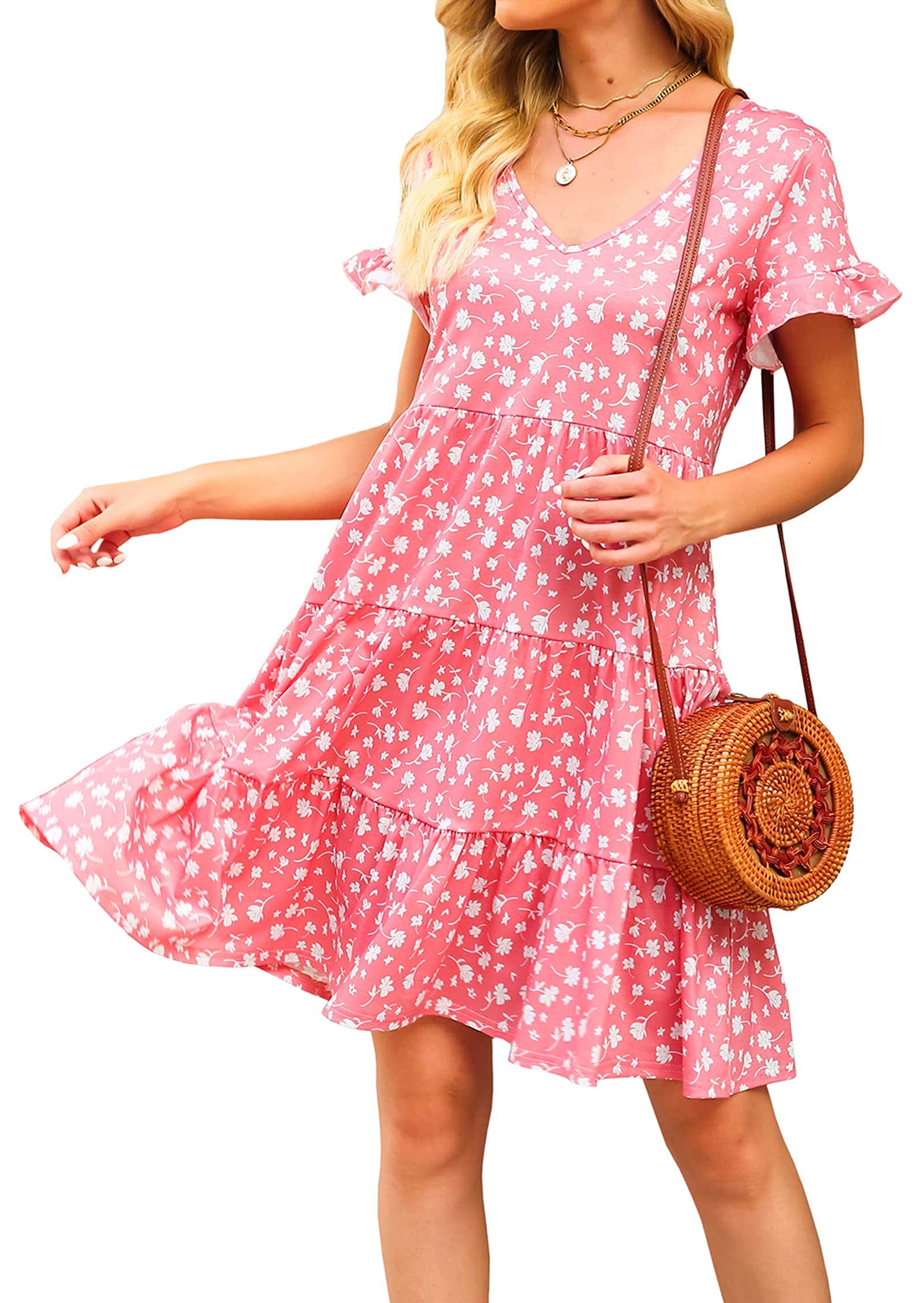 HibluCo Women's Floral Babydoll Tunic Dress - Casual Swing Midi T-Shirt Dress for Summer, Beach, and Everyday Wear