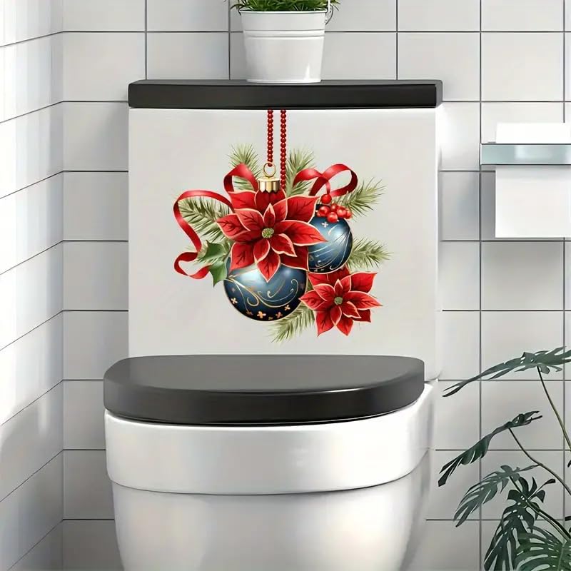 Poinsettia Christmas Toilet Decals - Waterproof Self-Adhesive Bathroom Stickers for Toilet Lid, Tank & Wall - Holiday Home Decor, Festive Bathroom Upgrade (Fish, Bird, Flower Leaf Designs)