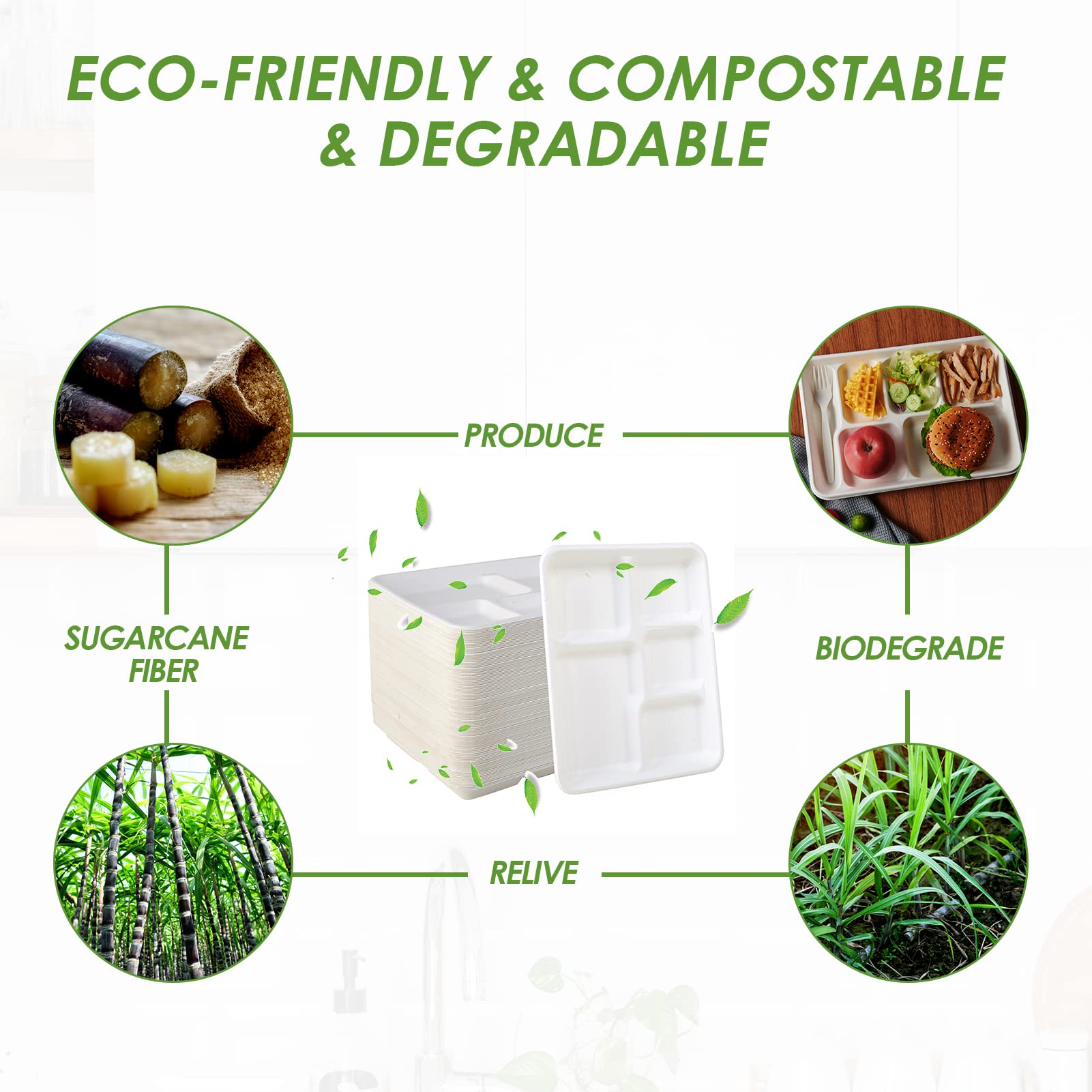 Vplus 500 Pack 5-Compartment Biodegradable Paper Plates - 10.25x8.5 Inch Eco-Friendly Disposable Lunch Trays for School, Party & Buffet - Made from Sustainable Bagasse Fiber - Perfect for Kids Meals, Picnics & Catering Events
