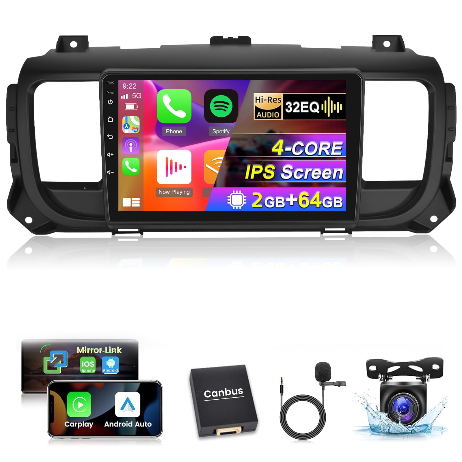 NHOPEEW Android 13 Car Stereo for Citroen Jumpy 3/Peugeot Expert/Toyota Proace 2016-2021 - Wireless CarPlay & Android Auto, WiFi GPS, Steering Wheel Control, EQ Split Screen + Backup Camera | Perfect for Hands-Free Calling, Navigation & Parking Assistance