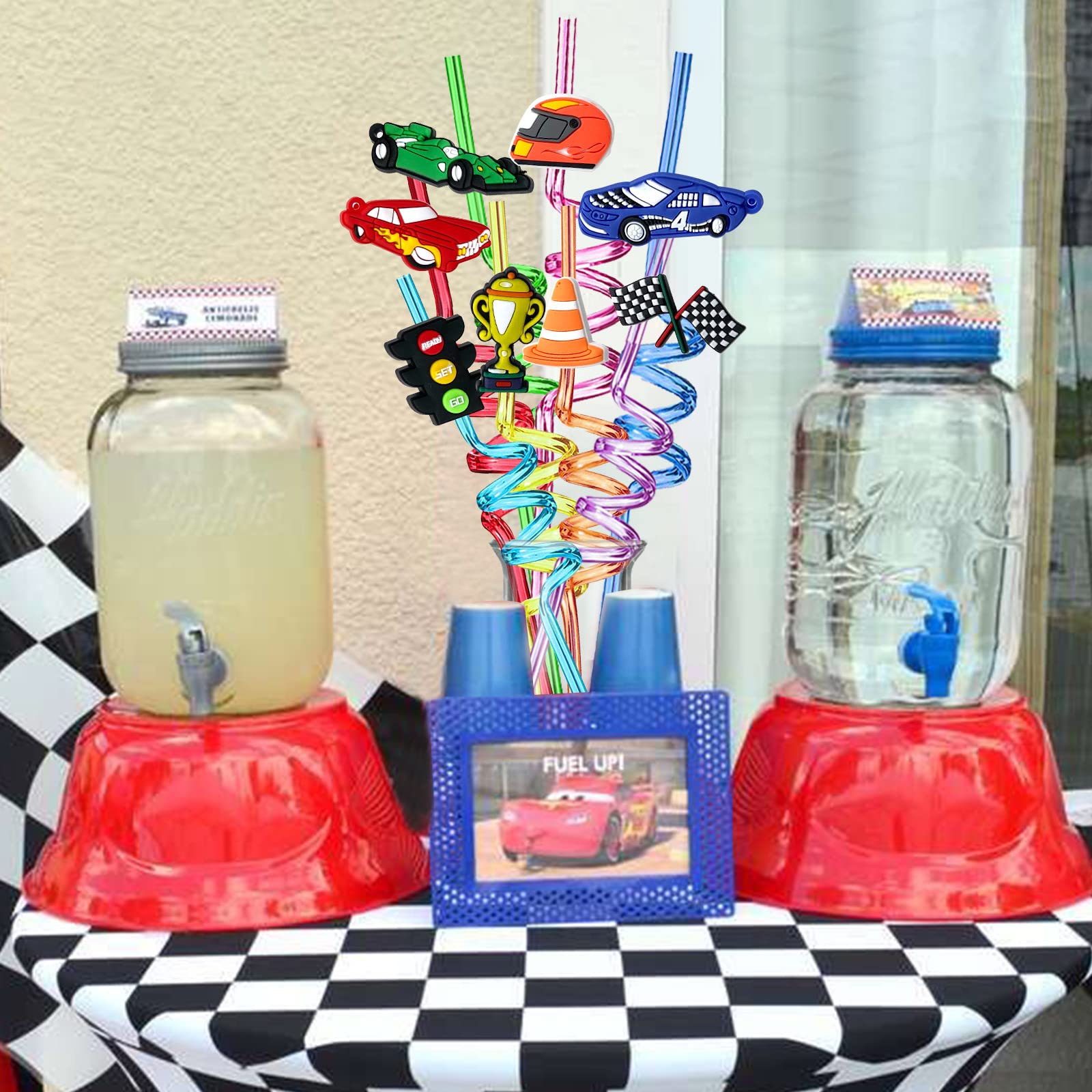24 Pack Race Car Themed Reusable Straws - BPA Free Plastic Drinking Straws for Kids Birthday Parties, Sports Events & Decorations - Includes 2 Cleaning Brushes for Easy Maintenance - Perfect for Juice, Smoothies & Cocktails