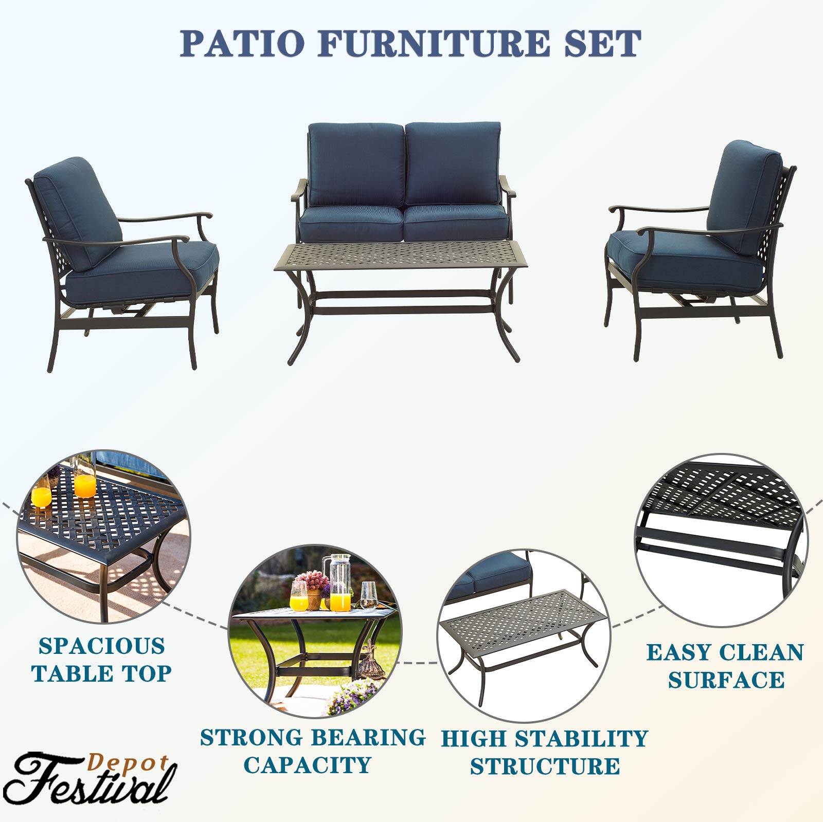 4-Piece Outdoor Patio Conversation Set with Coffee Table - 4 Seats Loveseat & Armchairs, Thick Soft Cushions, Durable Metal Frame & Weather-Resistant Fabric - Perfect for Garden, Backyard, Poolside or Bistro (Blue)