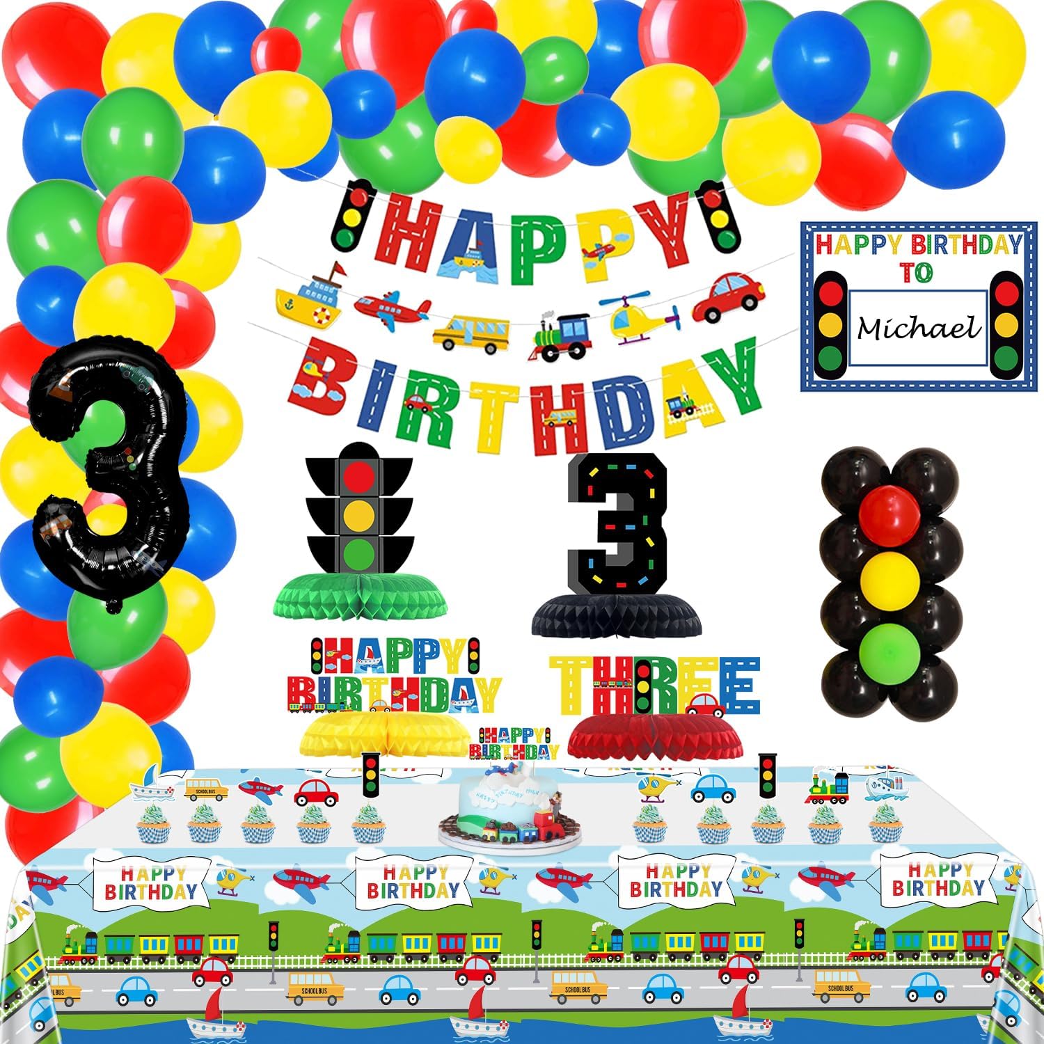 Transportation Theme 3rd Birthday Party Supplies for 3 Year Olds - Includes Happy Birthday Banners, Centerpieces, Tablecloths, Cake Toppers & 76 Balloons - Perfect for Kids' Truck, Train & Car Themed Birthday Decorations