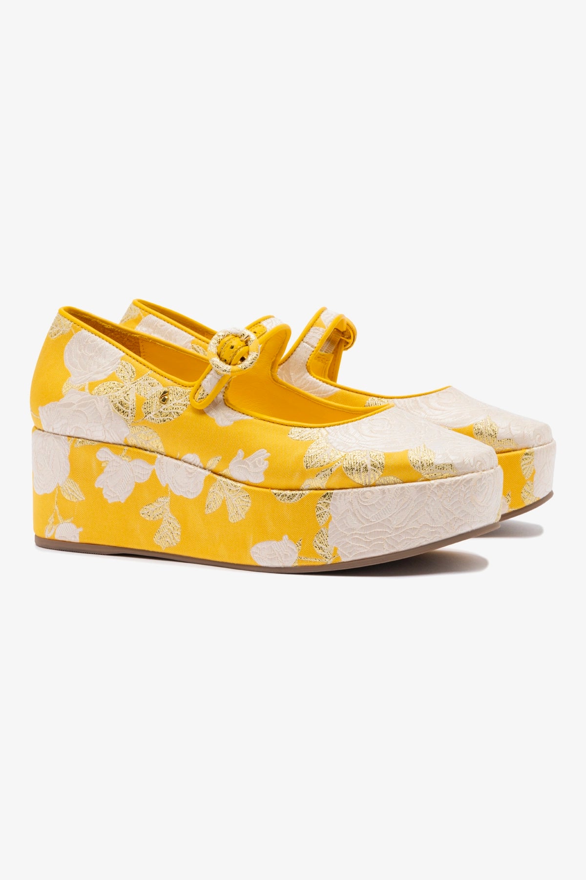 Larroudé x Markarian Blair Flatform Sandals in Yellow Floral Brocade - Women's Fashion Shoes for Summer Weddings & Beach Vacations
