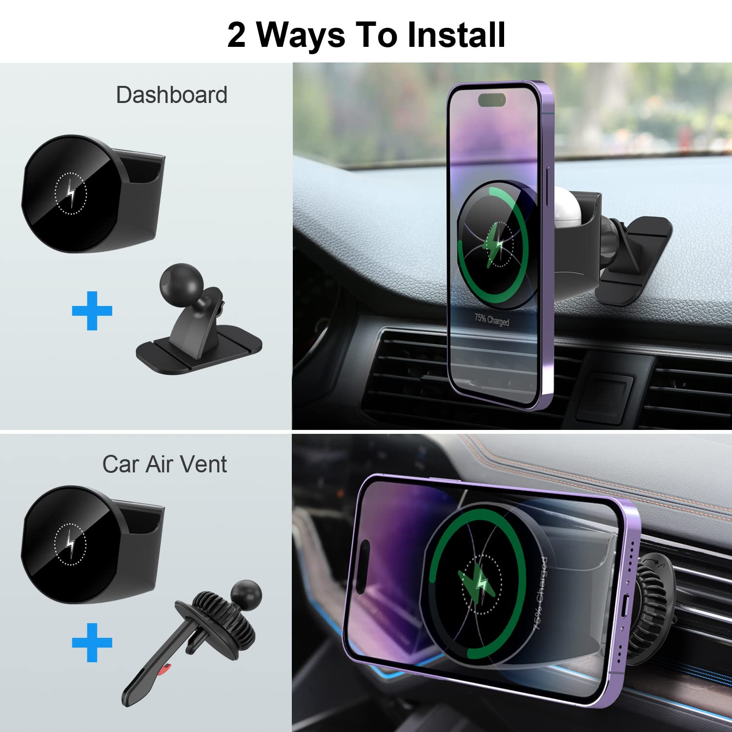 Magnetic Wireless Car Charger Mount for iPhone 14/13/12 Pro/Plus/Max/Mini & AirPods 2nd/3rd Gen - Fast Charging MagSafe Car Phone Holder with Secure Grip for Safe Driving & Hands-Free Use