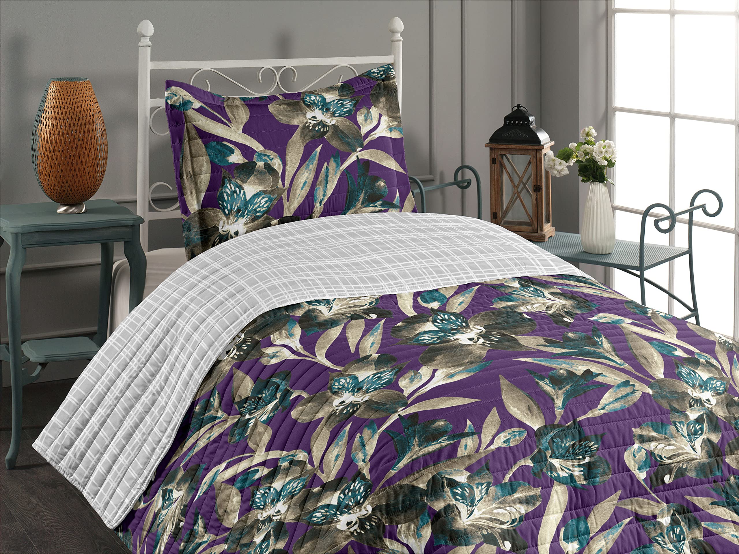Ambesonne Exotic Reversible Bedspread Set - Tropical Jungle Butterfly Design, Microfiber Comforter & Pillow Shams, Twin Size in Quartz Teal | Perfect for Spring Bedroom Decor, Guest Room Makeover & Boho Chic Home Styling
