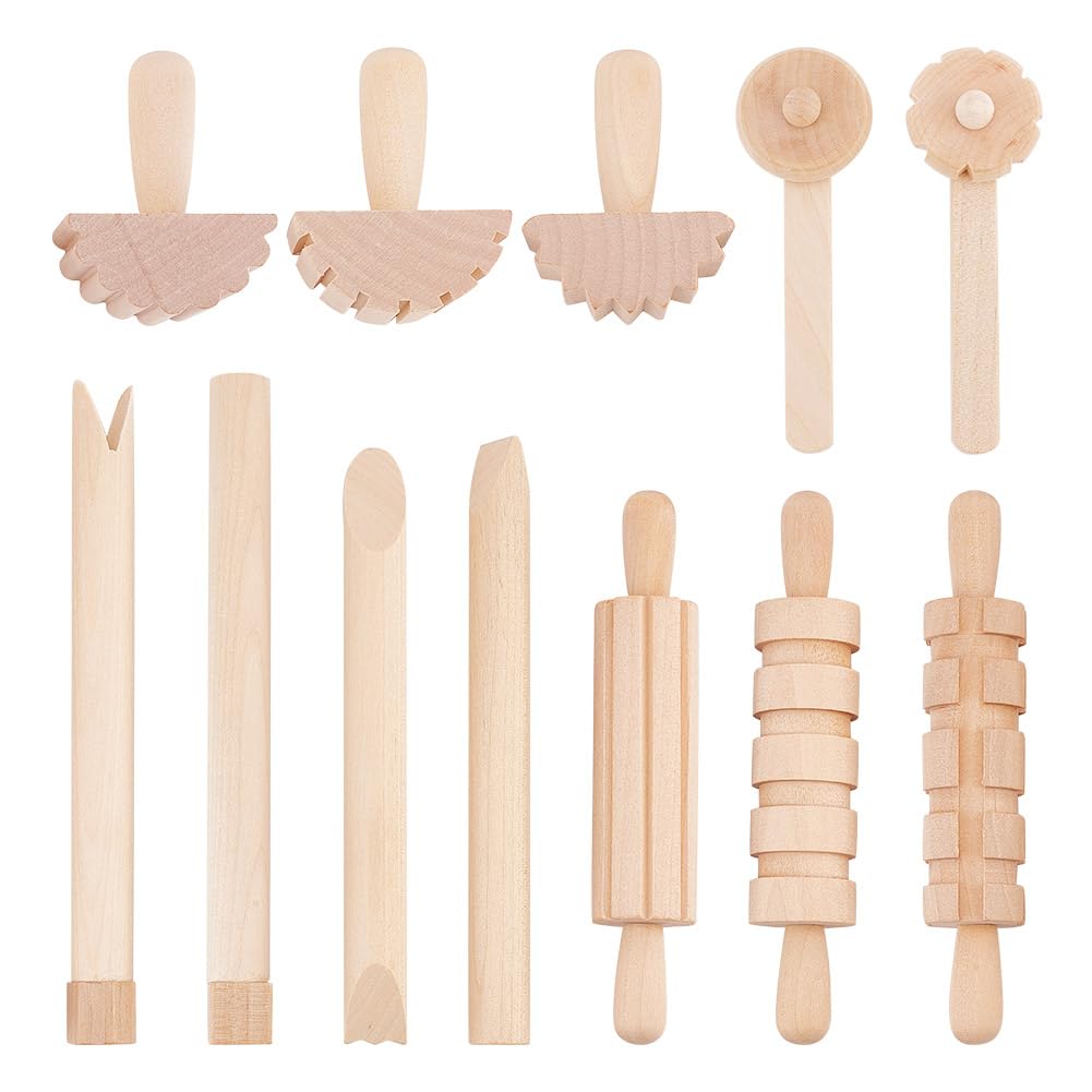 OLYCRAFT 12-Piece Clay and Dough Tool Set - Wooden Rollers, Hammers & Stamps for Pottery, DIY Crafts, and Art Activities | Perfect for Kids Play, Classroom Projects, and Creative Gift Giving