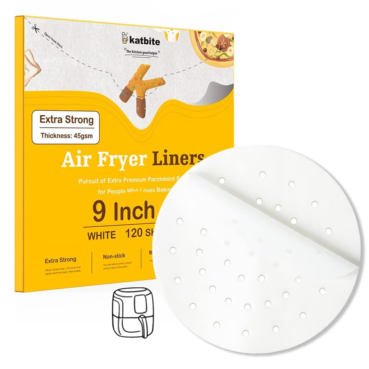 Katbite 9 Inch Air Fryer Parchment Paper - 120Pcs Non-Stick Perforated Liners for Air Fryer & Bamboo Steamer | Perfect for Healthy Cooking, Crispy Fries, Steamed Dumplings & More