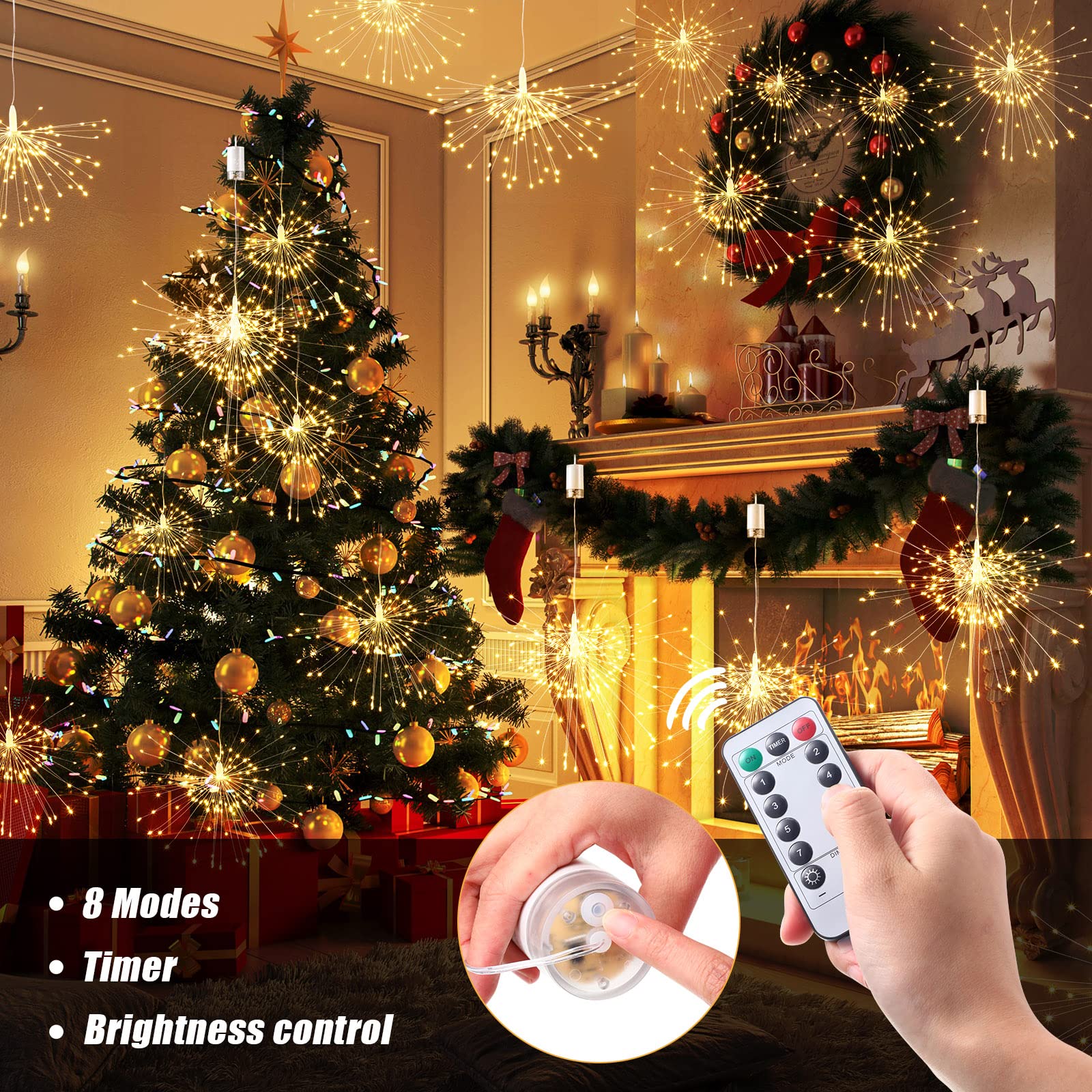 Tuanse 8 Pack Starburst LED Fairy Lights - 120 LED Firework Lights with Remote Control & 8 Modes | Battery Operated Outdoor String Lights for Garden, Christmas, Party, Wedding, Patio & Backyard Decor
