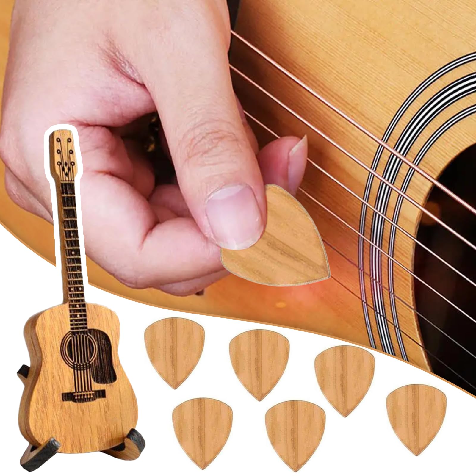 Premium Wooden Guitar Pick Box with 6 Engraved Wooden Picks - Compact Storage Case for Guitarists & Musicians - Perfect for Acoustic, Electric, Bass & Ukulele Players - Ideal for Travel, Practice & Gift Giving