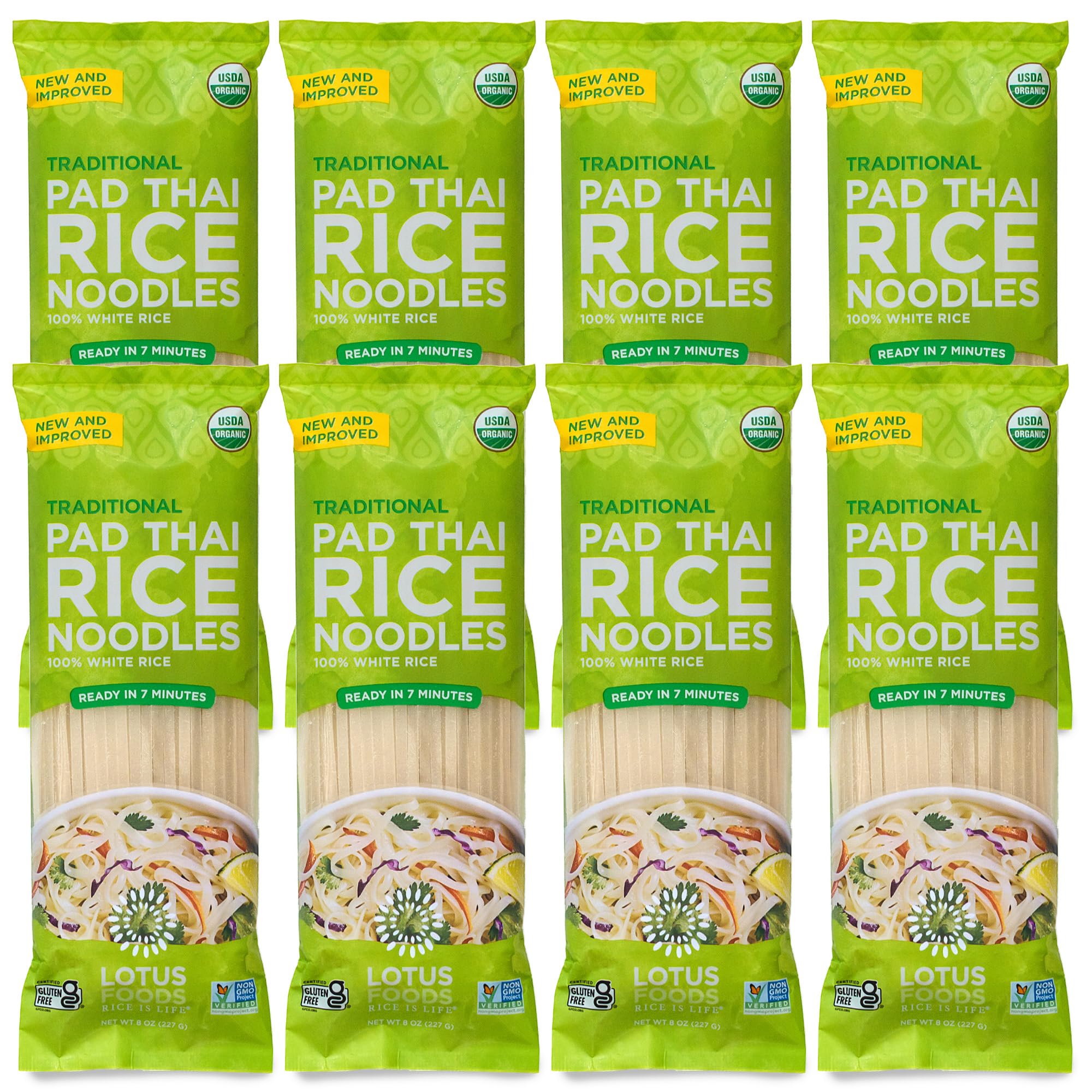 Lotus Foods Organic Pad Thai Rice Noodles - Gluten Free, Non-GMO, Whole Grain Asian Noodles - 8 Oz (Pack of 8) - Perfect for Stir-Fry, Soup & Authentic Thai Dishes