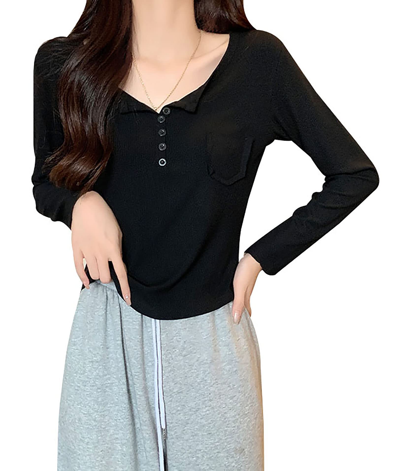 Women's Slim Fit Long Sleeve Button Down Shirt - Casual Pullover Blouse with Neck Button | Perfect for Office Wear, Date Night & Everyday Outfits
