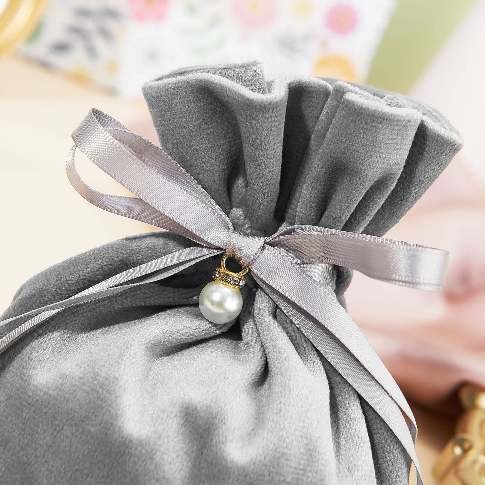 10 Pcs 5.5x5 Inch Gray Velvet Drawstring Gift Bags with Pearl Charm - Elegant Party Favors for Christmas, Birthday, Wedding, Baby Shower & Special Events