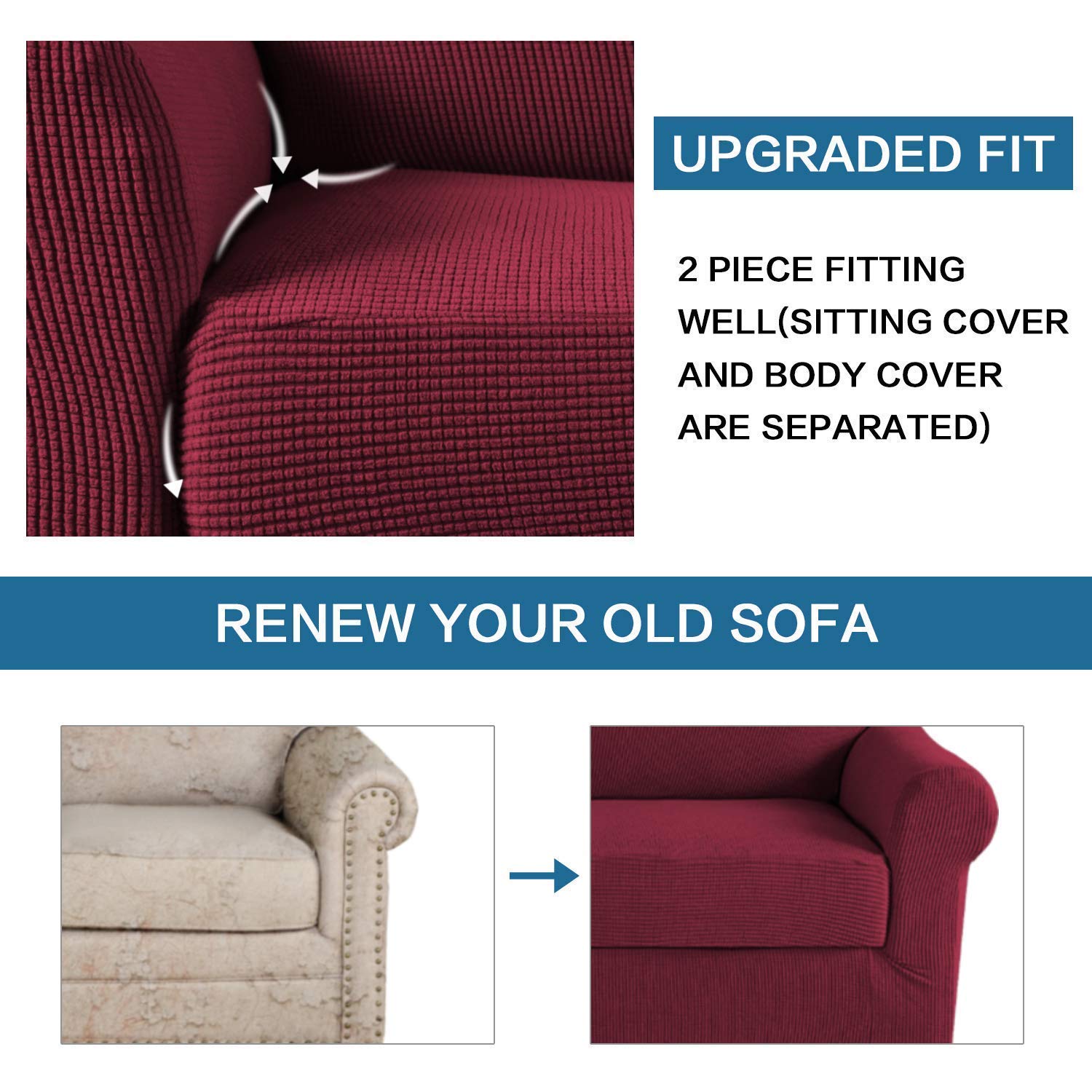 H.VERSAILTEX Stretch Sofa Covers for 3 Cushion Couch - 2 Piece Spandex Slipcover Set for Loveseat & Chairs (Burgundy) - Perfect for Living Room Furniture Protection & Style Upgrade