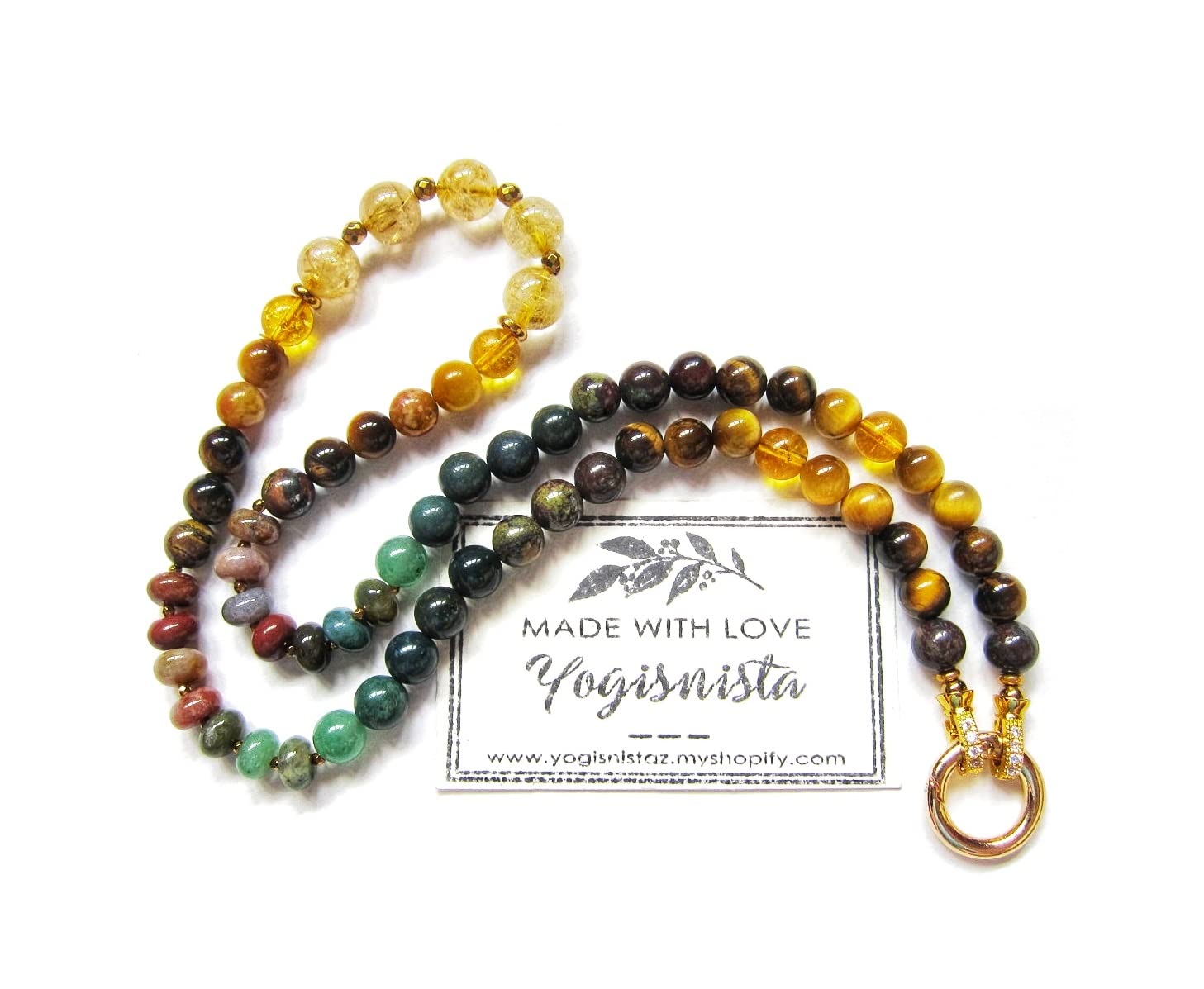 Blue Tiger Eye & Bloodstone Mala Necklace for Protection, Abundance & Good Luck | Honey Mustard & Black Obsidian Beaded Necklace | Cat's Eye & Gray Tiger Eye Spiritual Jewelry | Perfect Christmas Gift for Meditation, Yoga & Positive Energy
