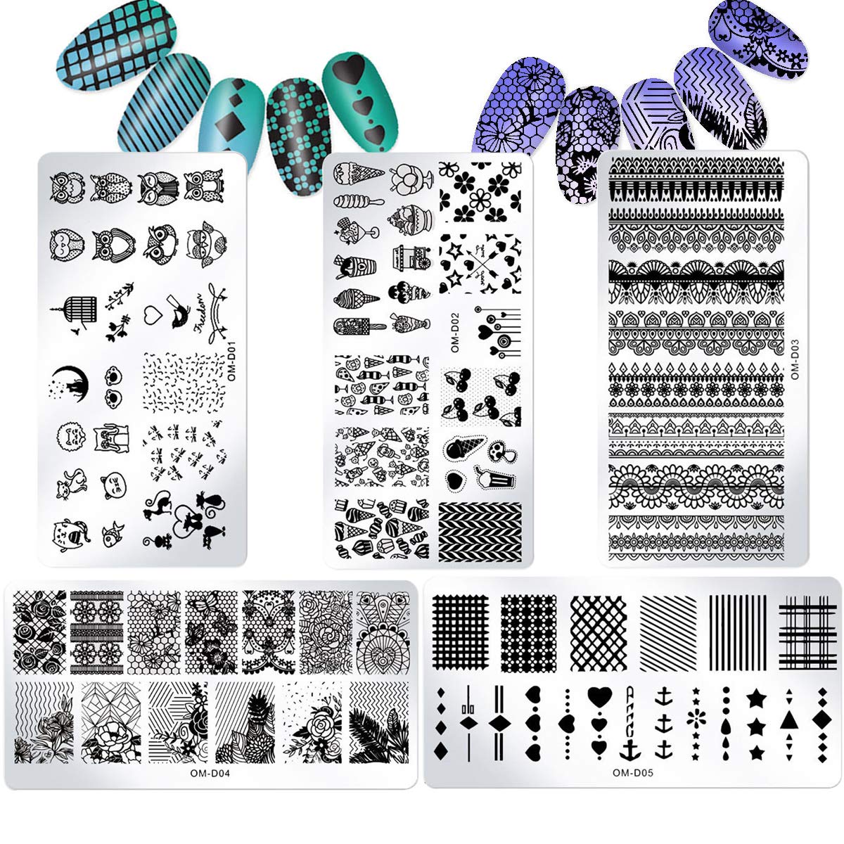 5-Piece Nail Stamp Plates Set for DIY Nail Art - Floral, Animal, Geometric & Cartoon Designs - Professional Manicure Stamping Kit for Salon & Home Use (Perfect for Parties, Weddings & Special Occasions)