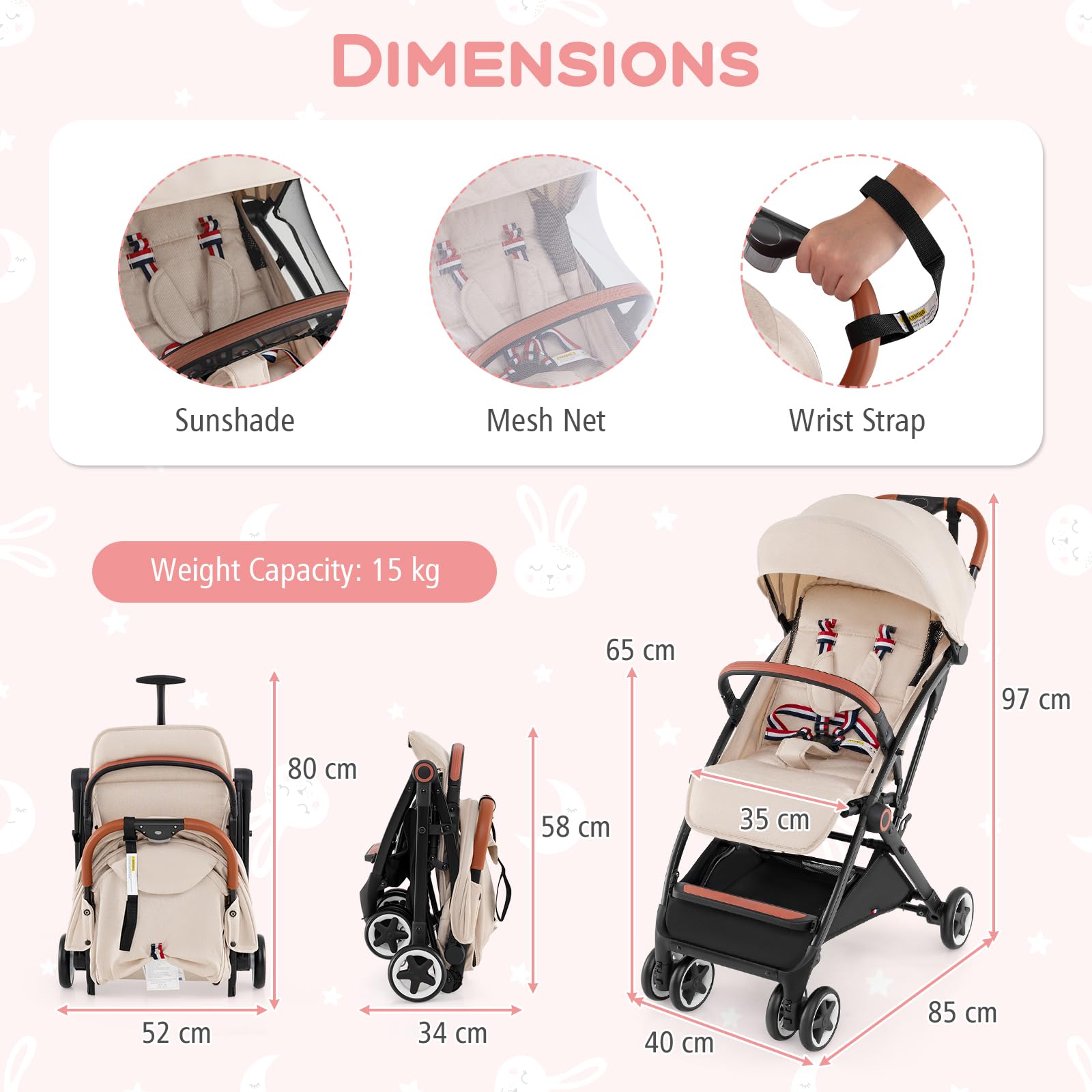 HONEY JOY Lightweight Baby Stroller - Compact One-Hand Fold Travel Stroller for Airplane, Fits Cabin & Overhead Bins, Self-Standing Toddler Stroller with Adjustable Backrest & Canopy (Beige) - Perfect for Air Travel, Shopping, and Daily Walks