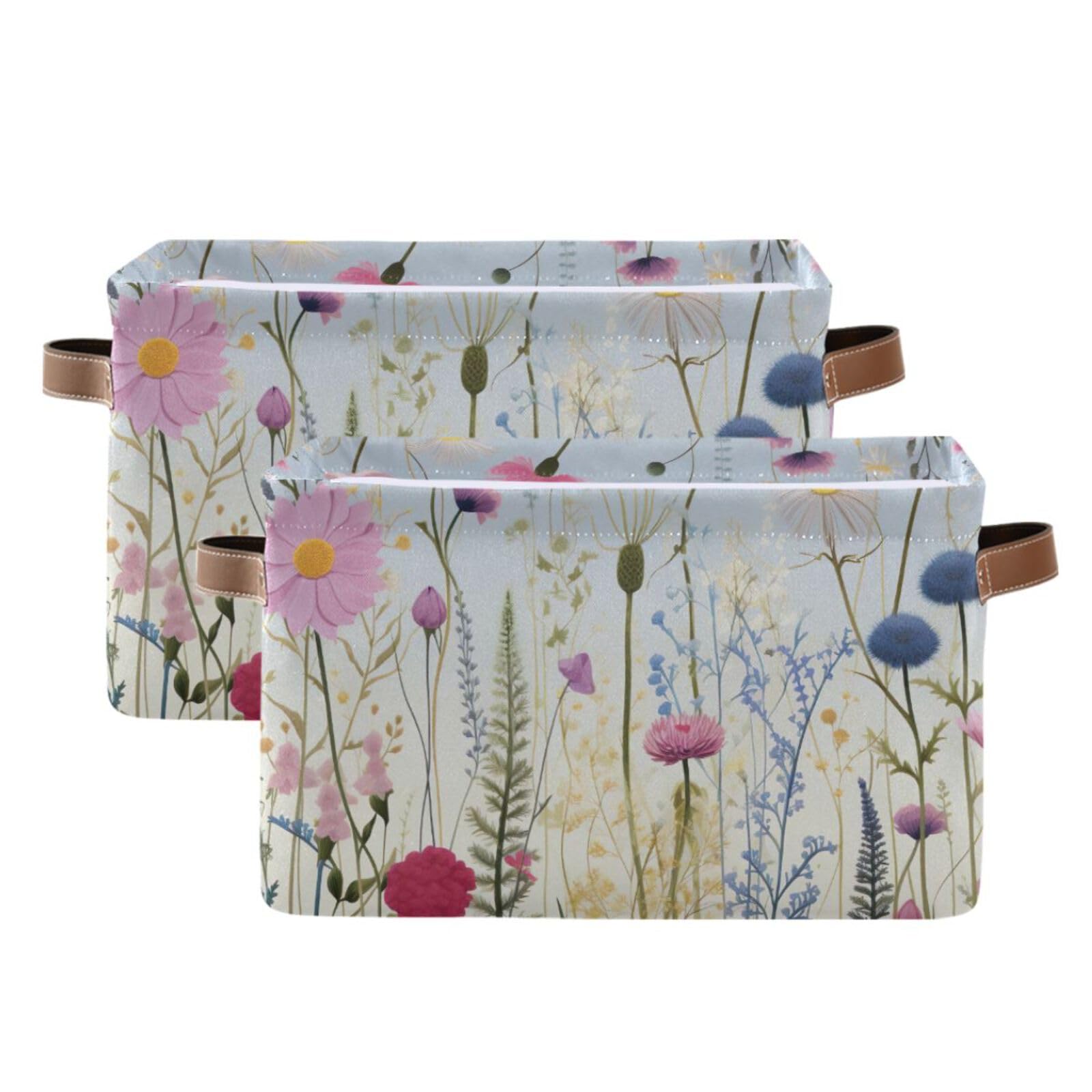 Foldable Canvas Storage Baskets with Handles - 2 Pack Rectangle Fabric Organizer for Clothes, Toys & Home Decor | Perfect for Closet, Shelves & Office Organization