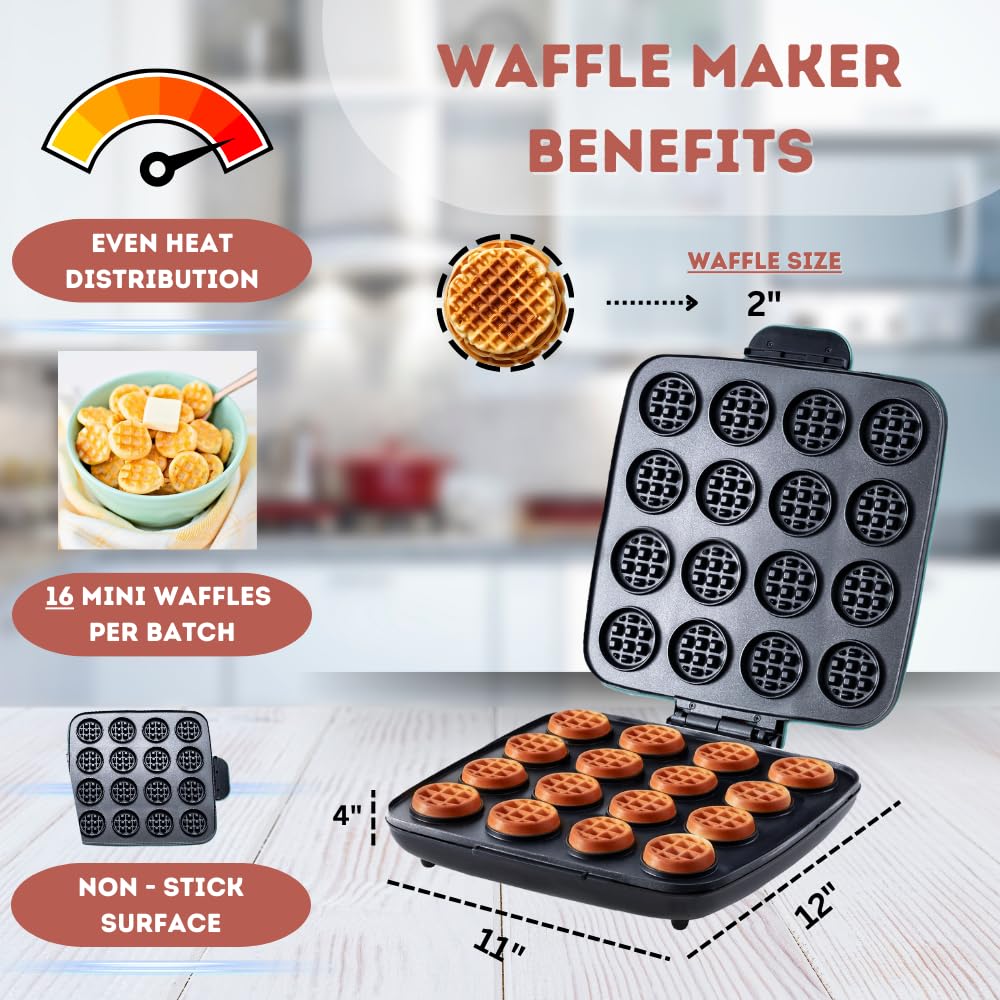 16 PCS Mini Waffle Maker Machine - Nonstick Quick Heat-Up Waffle Iron, Compact Chaffle Baker for Home & Restaurant Use - Perfect for Kids' Small Bites, Breakfast, Desserts & Snacks - Ideal for Family Gatherings, Brunch Parties & Quick Meals