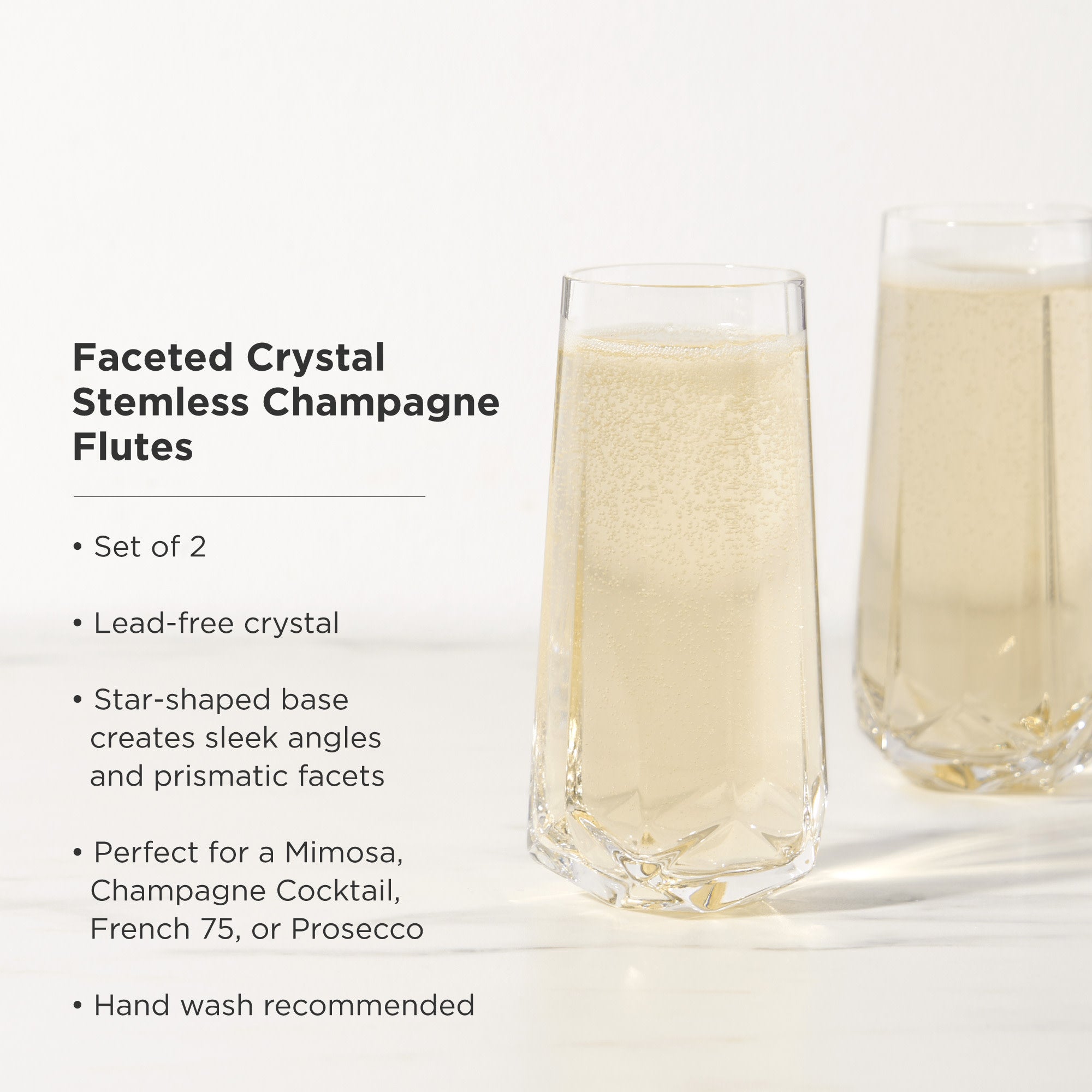 Seneca Faceted Crystal Stemless Champagne Flutes Set of 2 - Elegant Glassware for Wedding Toasts, Anniversary Celebrations & Romantic Dinners