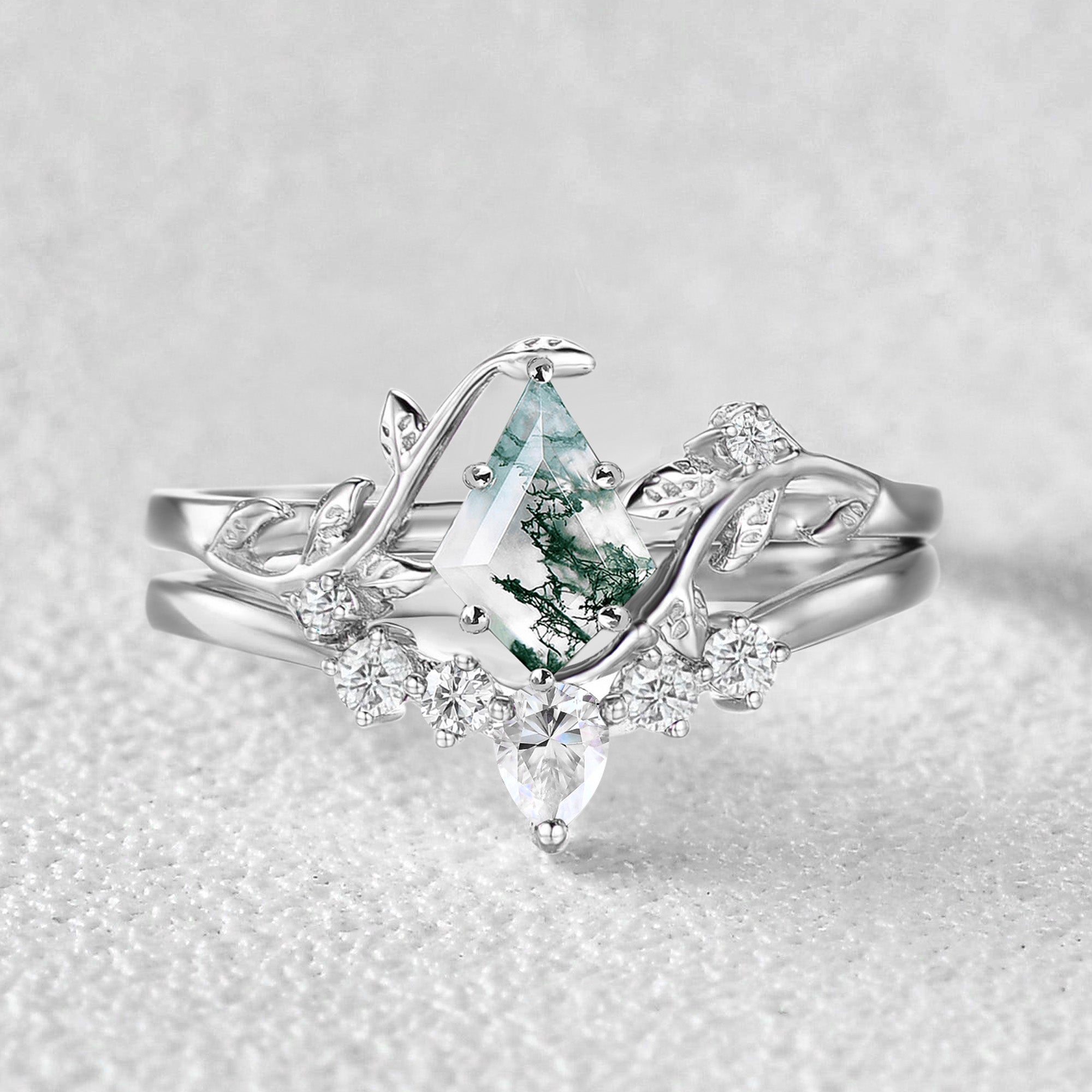 Nature Inspired Unique Kite Cut Moss Agate Leafy Couple Ring Set 3pcs - Handmade Bohemian Wedding Bands for Couples, Anniversary Gifts - Perfect for Romantic Dates, Proposals & Special Occasions