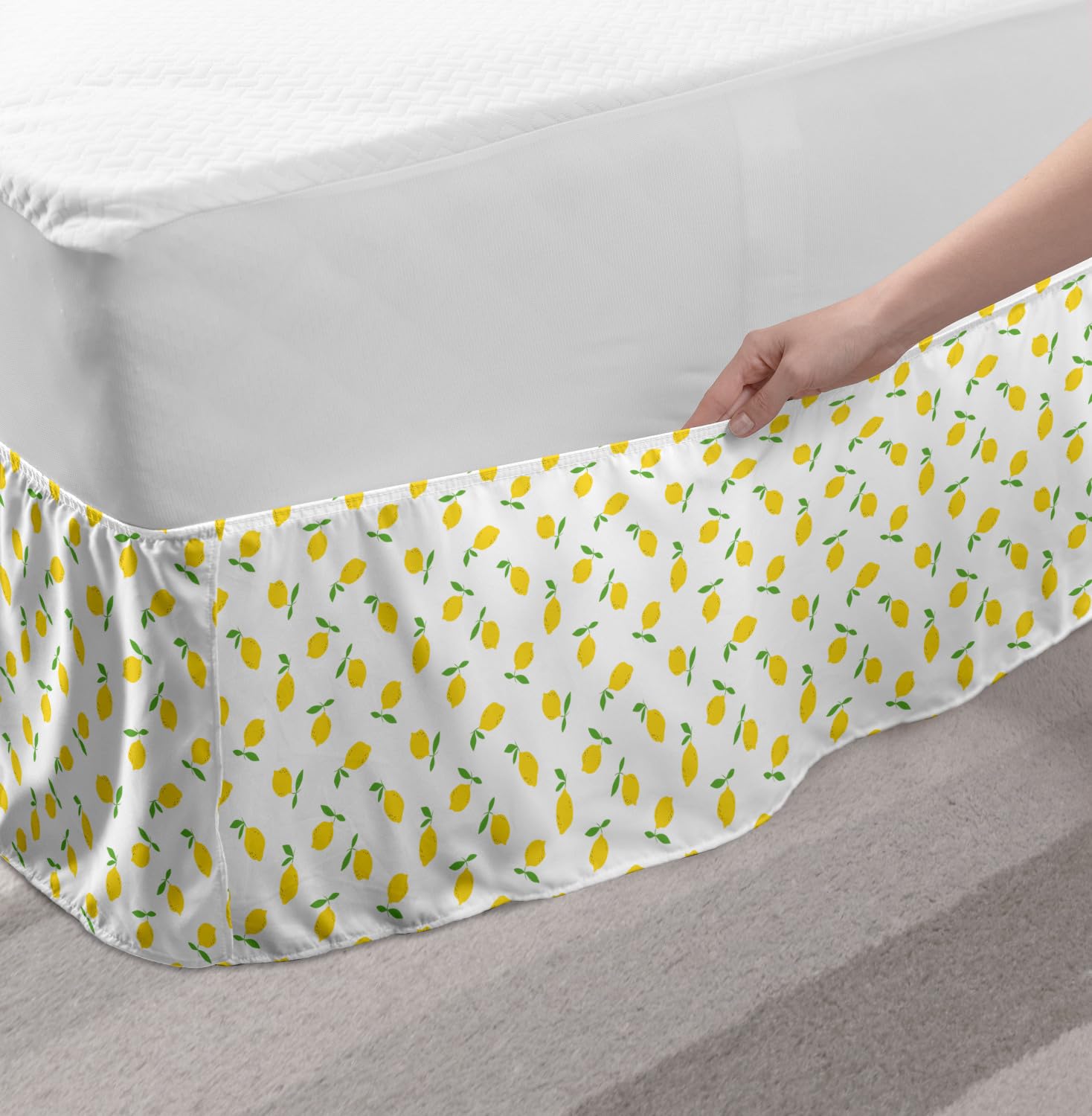 Ambesonne Lemon Elastic Bed Skirt - Queen Size Summer Citrus Fruit Pattern Wrap Around Dust Ruffle for Bedroom Decor in Mustard Lime Green | Perfect for Beach House, Guest Room & Boho Style Bedding
