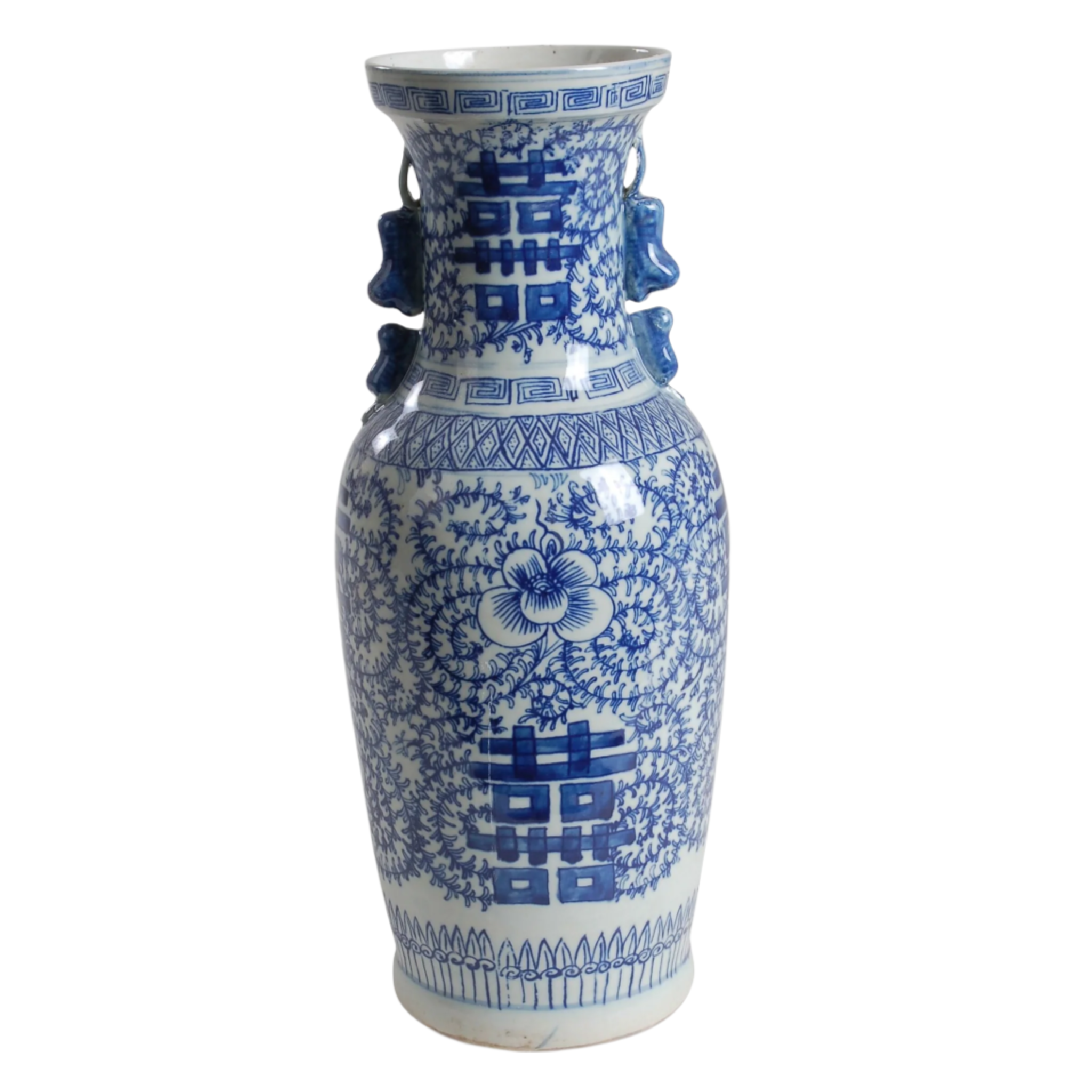 Blue and White Porcelain Double Happiness Vase with Foo Dog Accents - Chinese Wedding Decoration, Home Décor & Feng Shui Gift for Couples