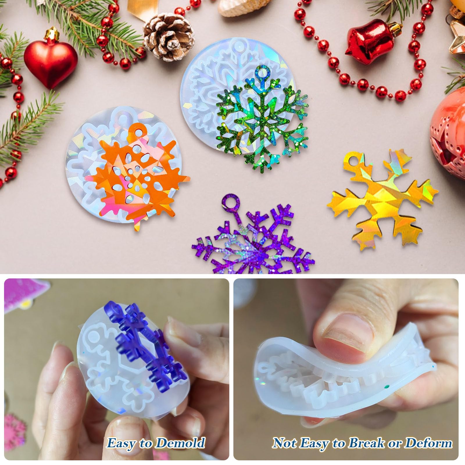 8pcs Holographic Christmas Snowflake Silicone Molds for Epoxy Resin Casting - DIY Holiday Ornament Making Kit for Christmas Tree Decorations & Festive Craft Projects