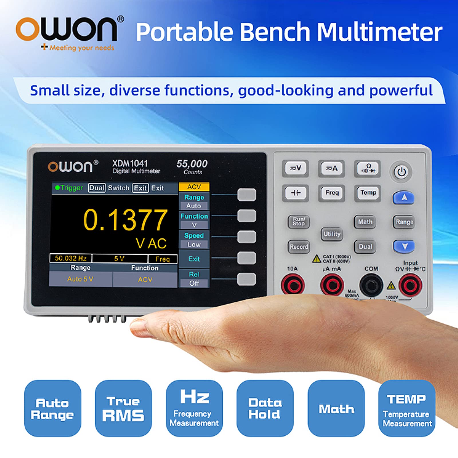 OWON XDM1041 Mini Desktop Digital Multimeter - 3.7in LCD True RMS Multimeter with Temperature Measurement | Perfect for Home DIY, Electronics Repair & Industrial Use