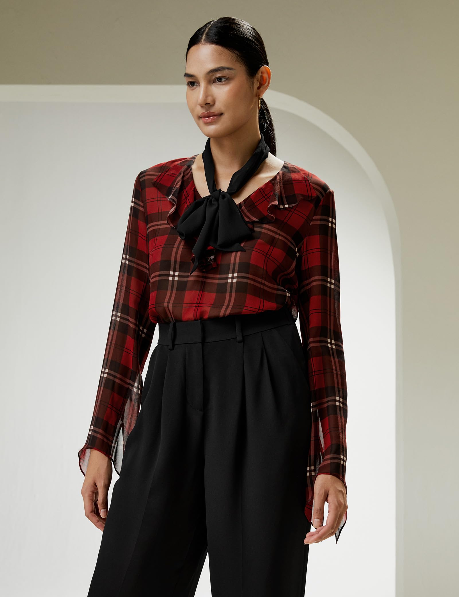 LilySilk Women's Pure Silk Blouse - 14MM Ruffle Neckline & Side Slit Cuffs - Black Red Checkered Pattern Top for Work, Party & Special Occasions