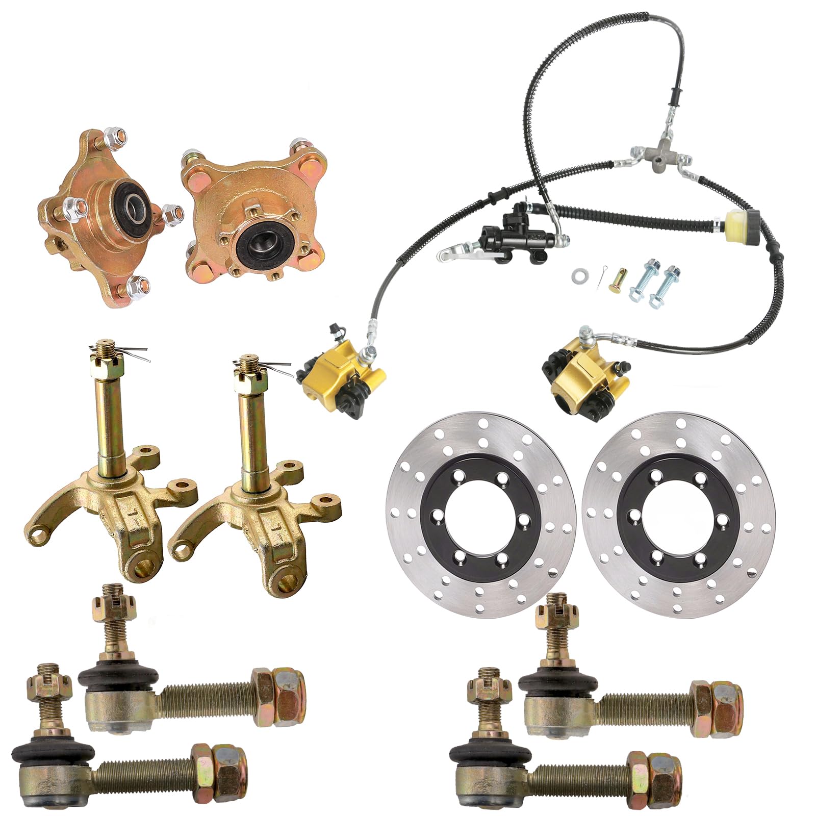 Go Kart 4 Stud Front Wheel Rim Hub Steering Spindle Knuckle Kit with Hydraulic Brake Caliper & Master Cylinder Assembly - Compatible with ATV, Buggy, Golf Cart, Quad, 4 Wheelers & Tricycle - Perfect for DIY Repairs & Off-Road Upgrades