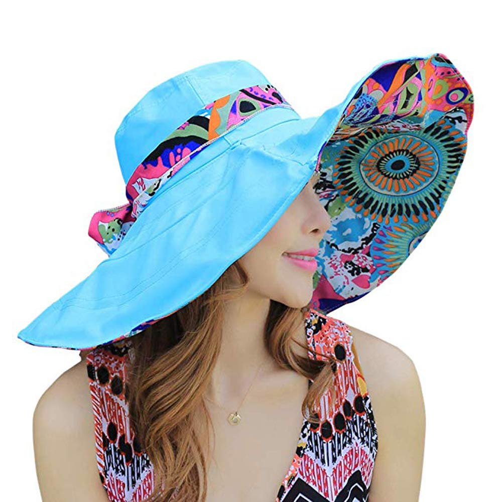 Reversible Women's Beach Sun Hat - UPF 50+ Floral Cowboy Summer Hat with Windproof Ribbon for Outdoor, Travel & Vacation